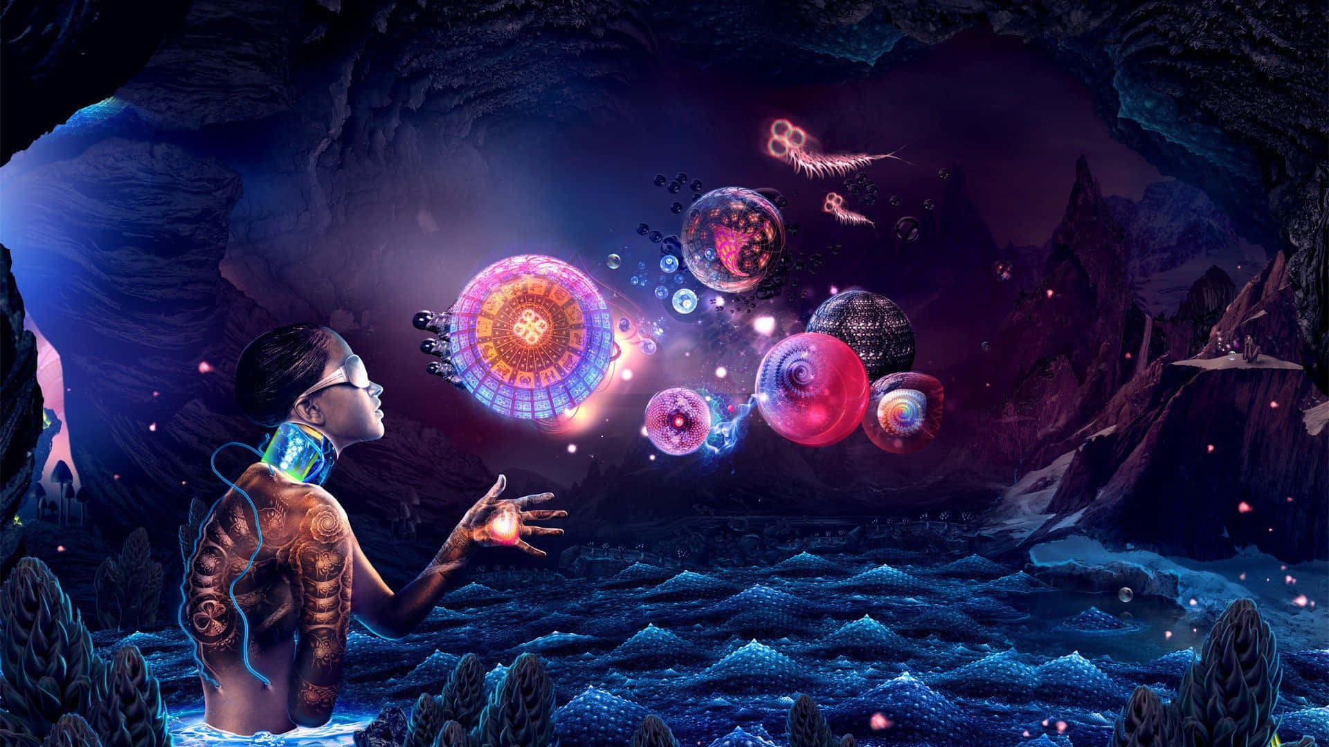 spiritual desktop, cave, glowing tattoos, Full HD Desktop Wallpaper