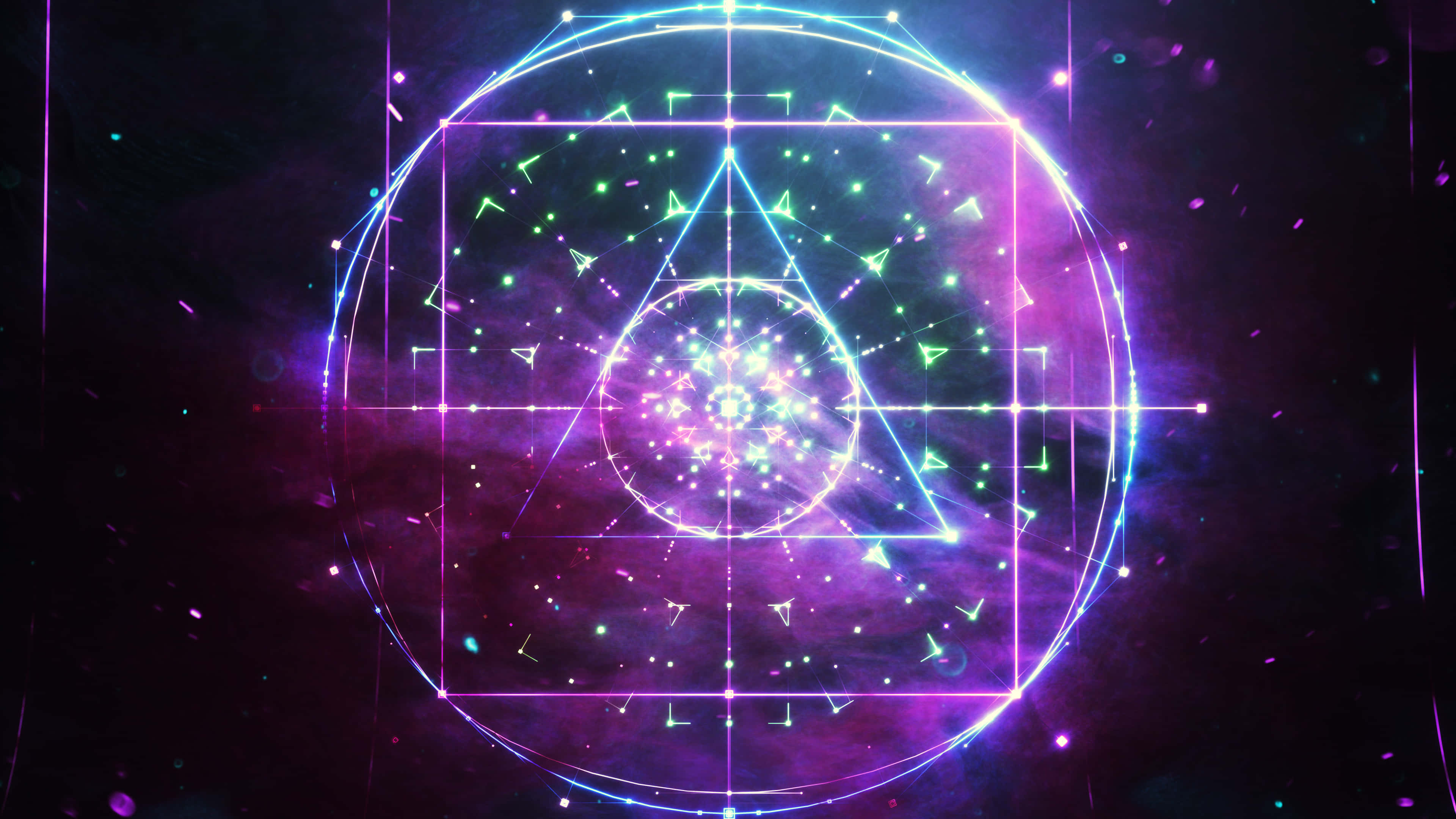 Spiritual Desktop, cosmic purple and blue starfield, glowing geometric pattern, 4K Desktop Wallpaper