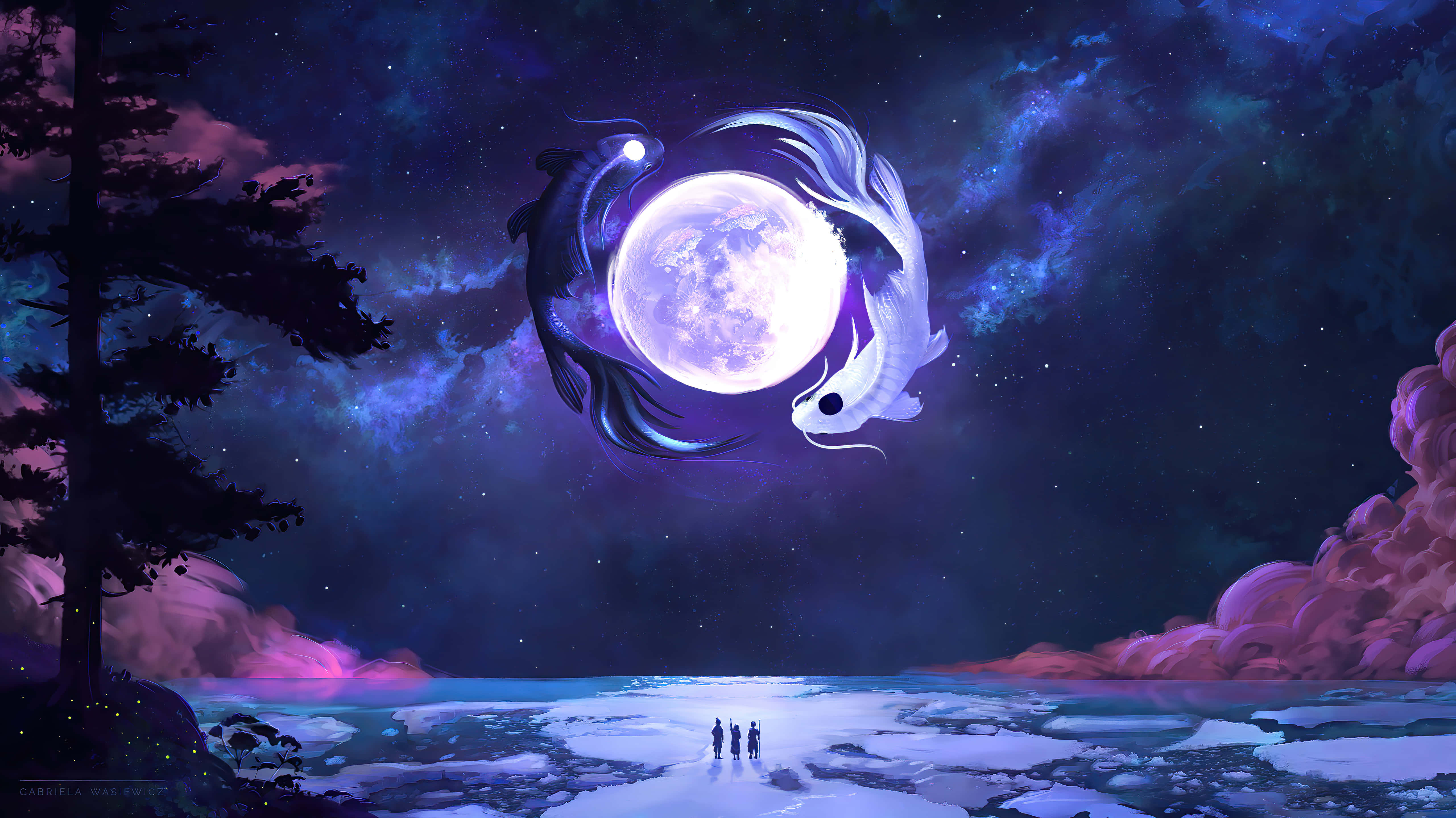 Spiritual Desktop, full moon, frozen lake, 5K Desktop Wallpaper