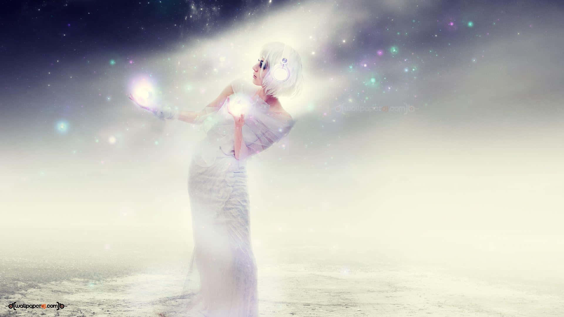 Spiritual Desktop, white gown, cosmic clouds, Full HD Desktop Wallpaper