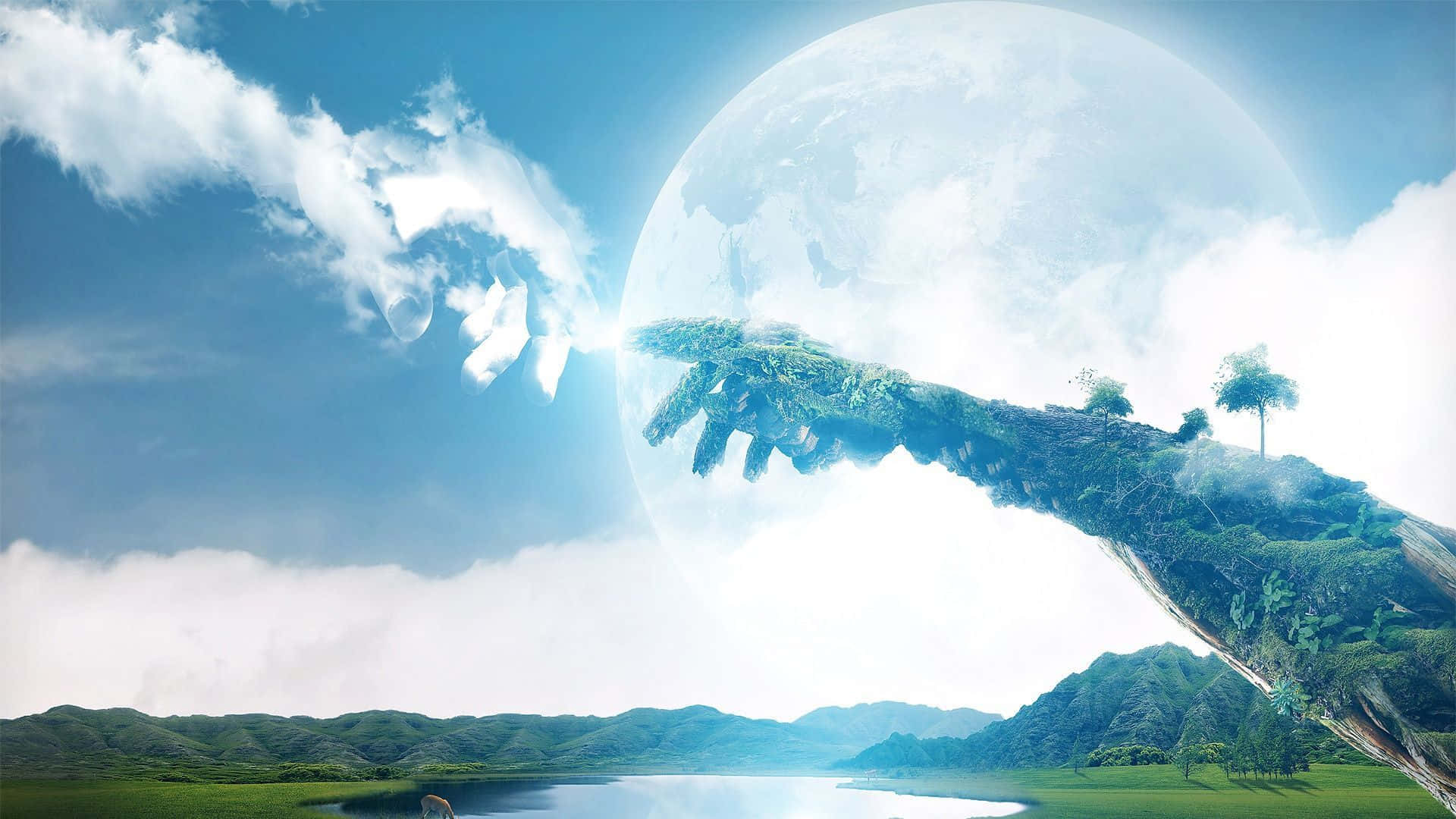 spiritual desktop, giant glowing moon, lush greenery, Full HD Desktop Wallpaper