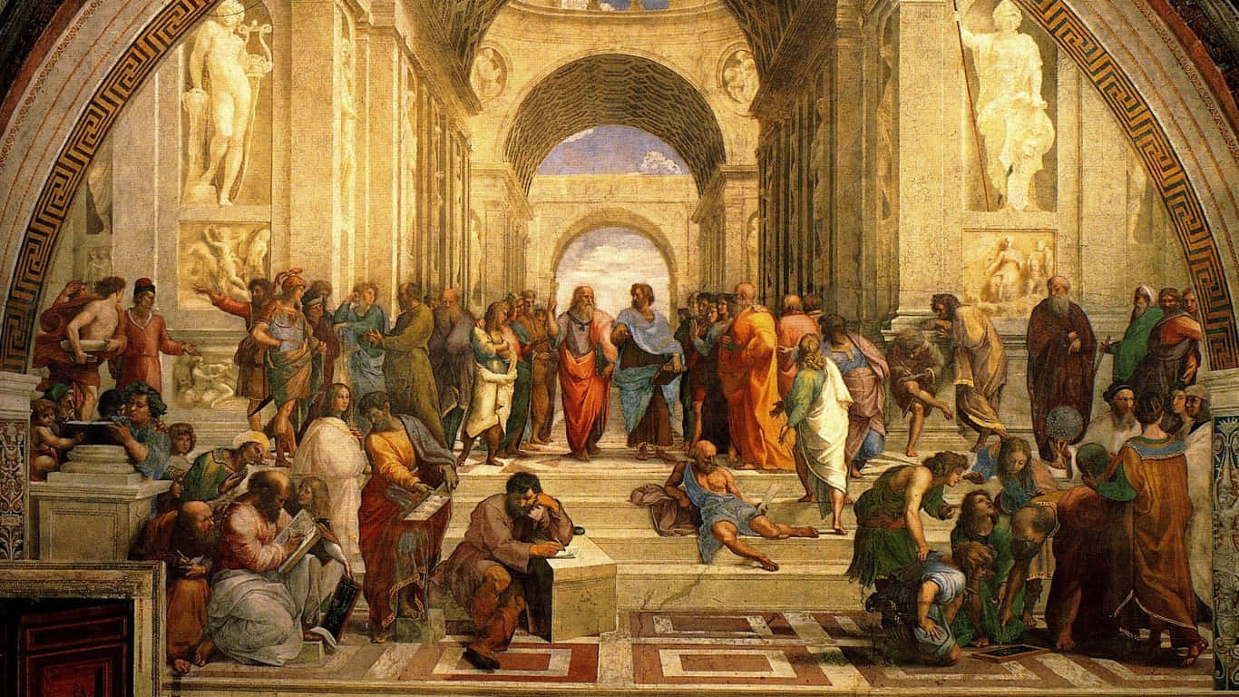 Grand Renaissance fresco, philosophers and scholars debating, sunlit classical hall, HD Desktop Wallpaper