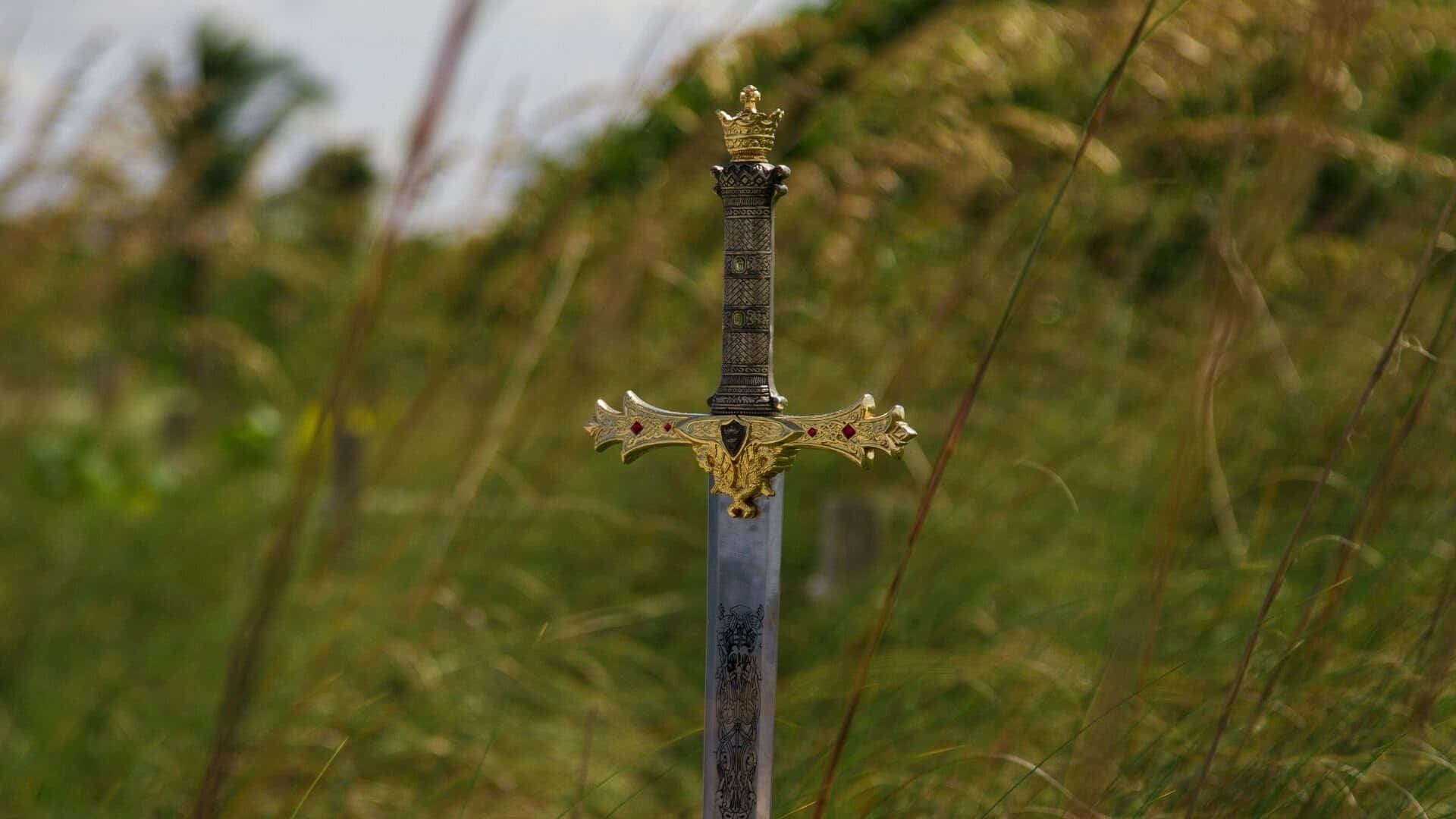 spiritual warfare, golden hilt, crown pommel, Full HD Desktop Wallpaper