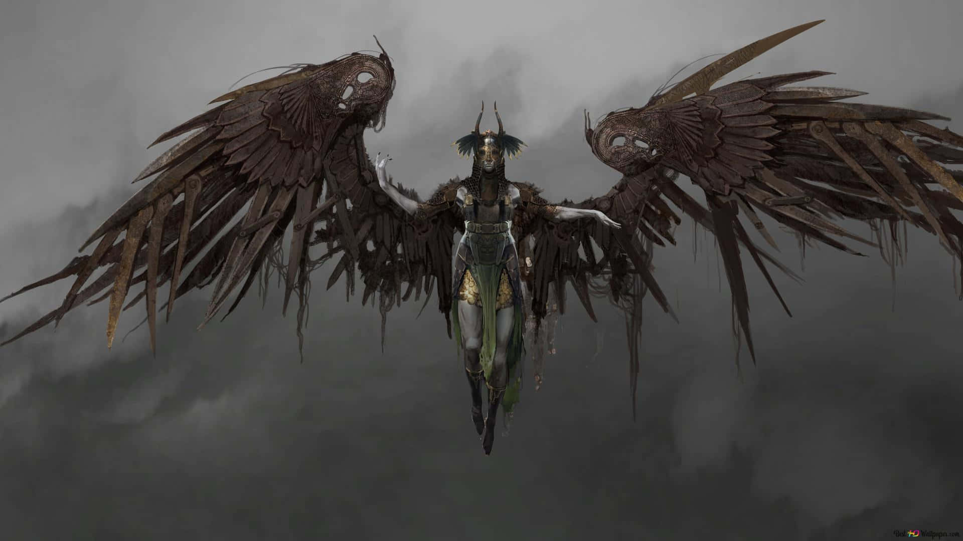 spiritual warfare, dark-winged angelic figure, skeletal wings, Full HD Desktop Wallpaper