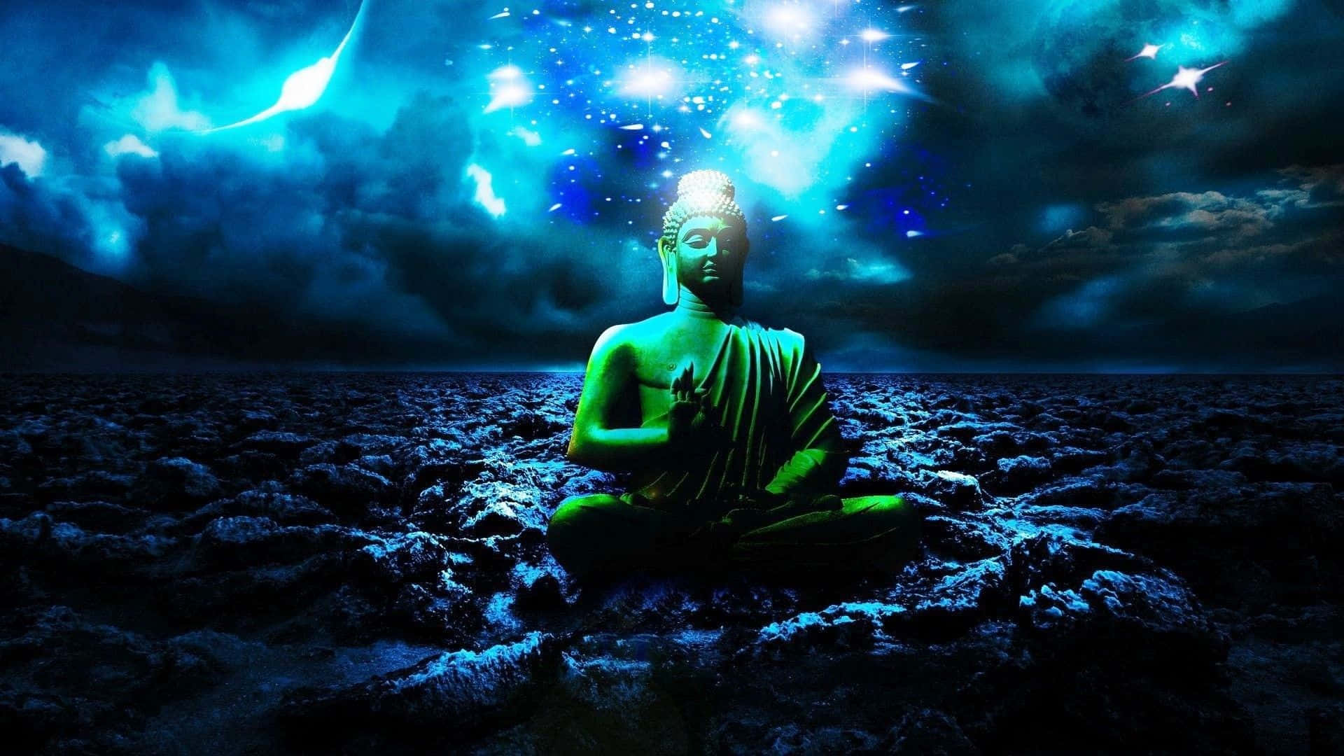 glowing green Buddha statue, rocky shore, stormy blue sky, Full HD Desktop Wallpaper