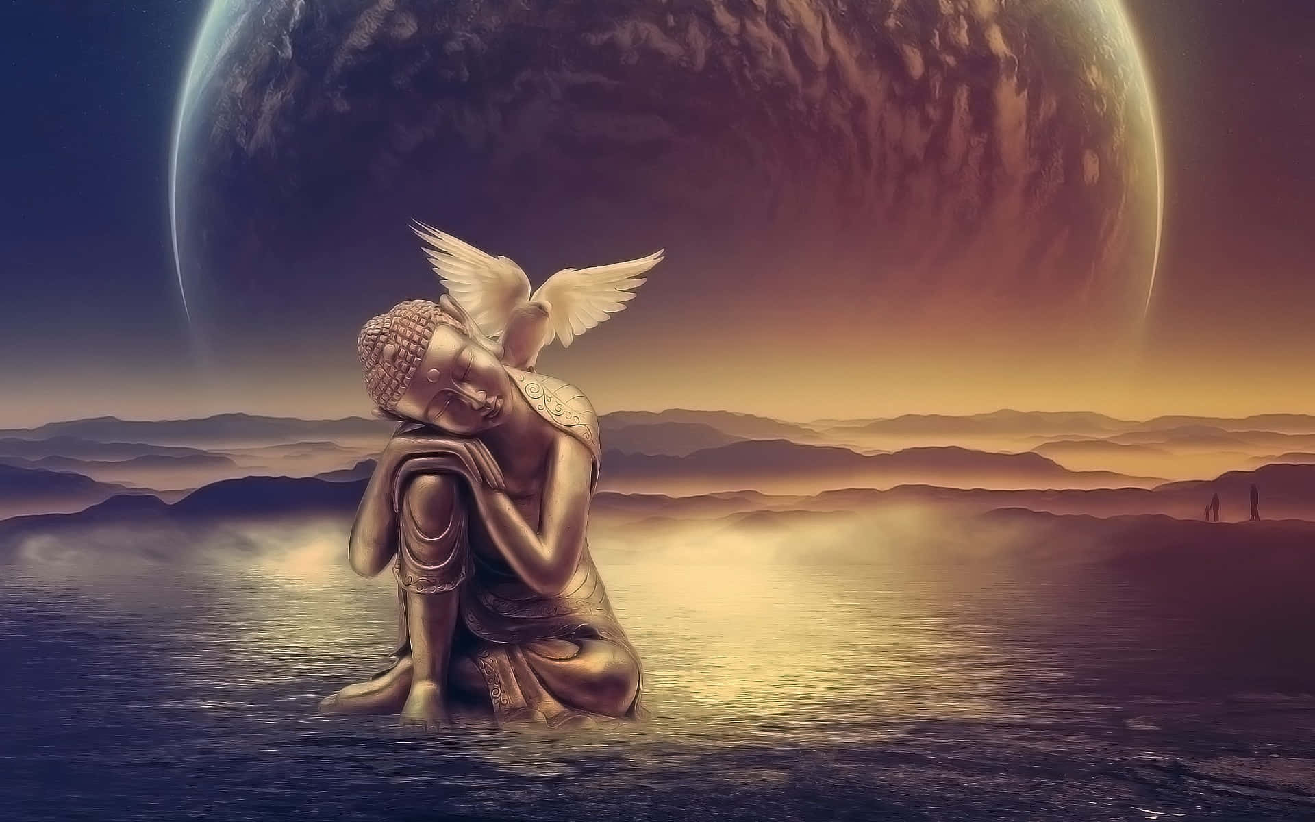 golden Buddha statue, white dove, surreal alien landscape, Full HD Desktop Wallpaper