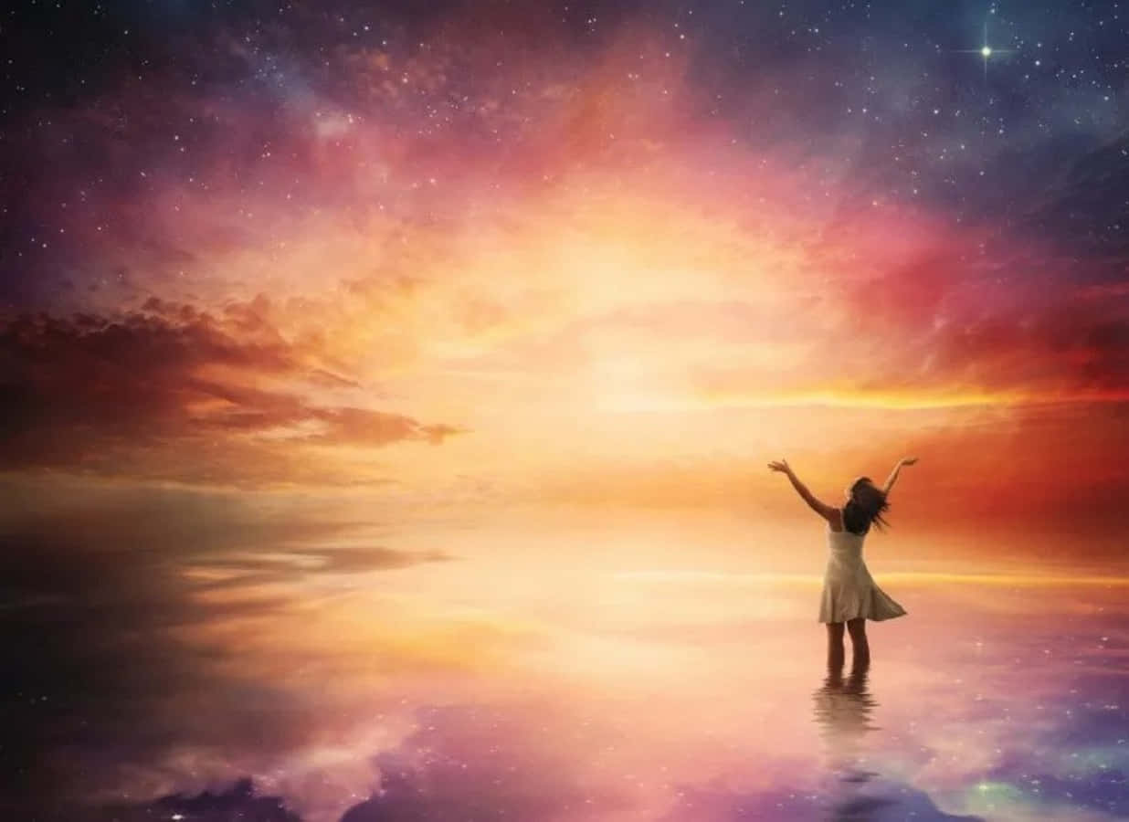 spirituality, white dress, reflective cosmic surface, SD Desktop Wallpaper