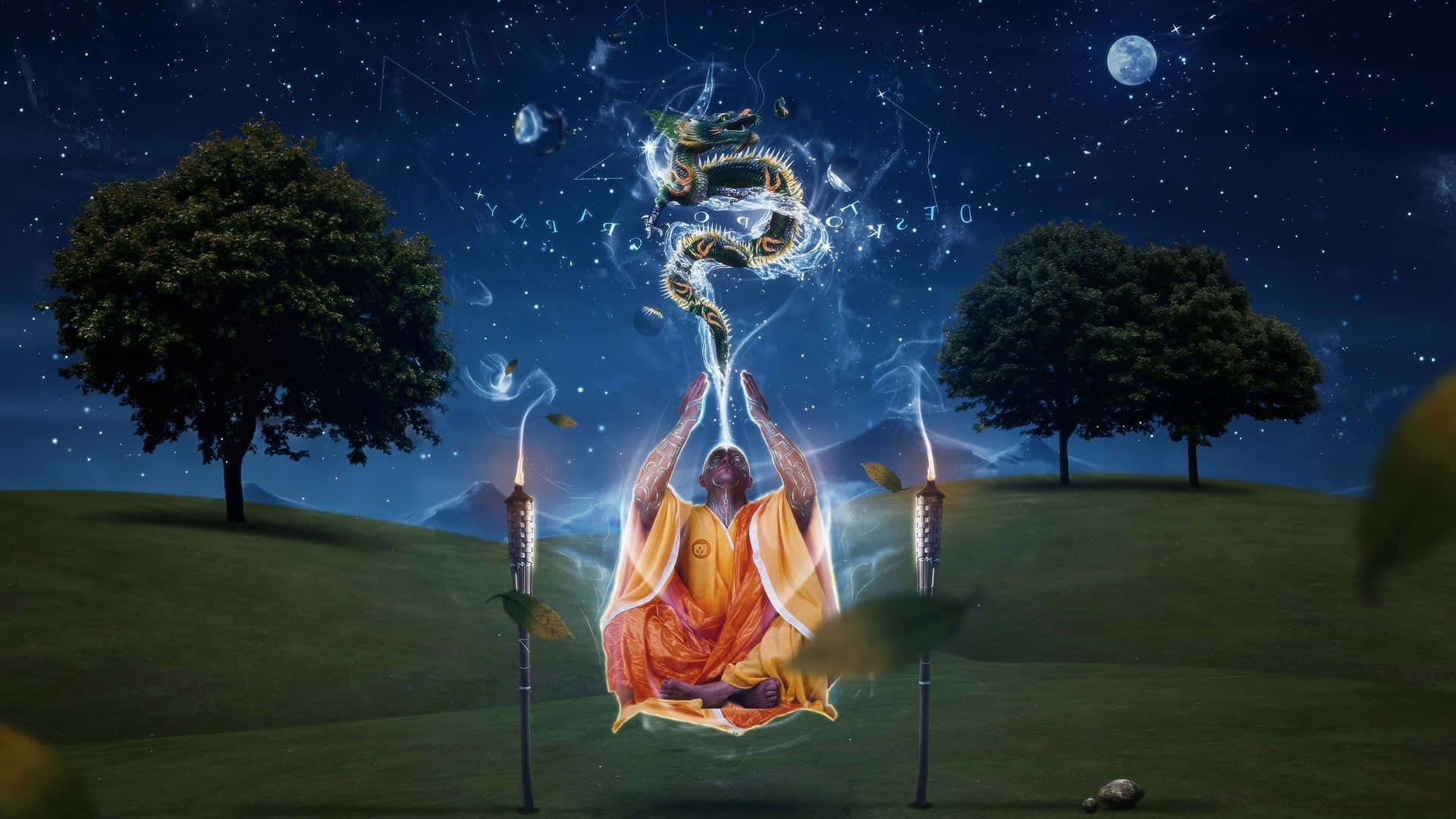 monk, starry night sky, glowing dragon, Full HD Desktop Wallpaper