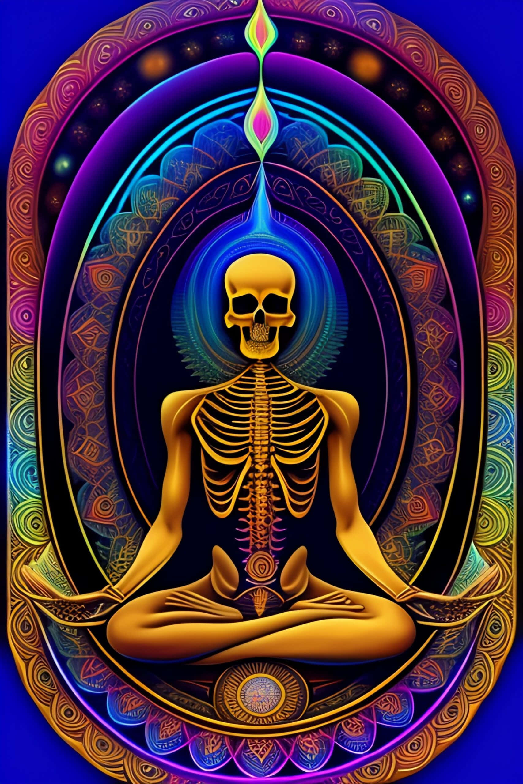 golden skeleton, lotus pose, glowing, colorful mandala, 2K Phone Wallpaper