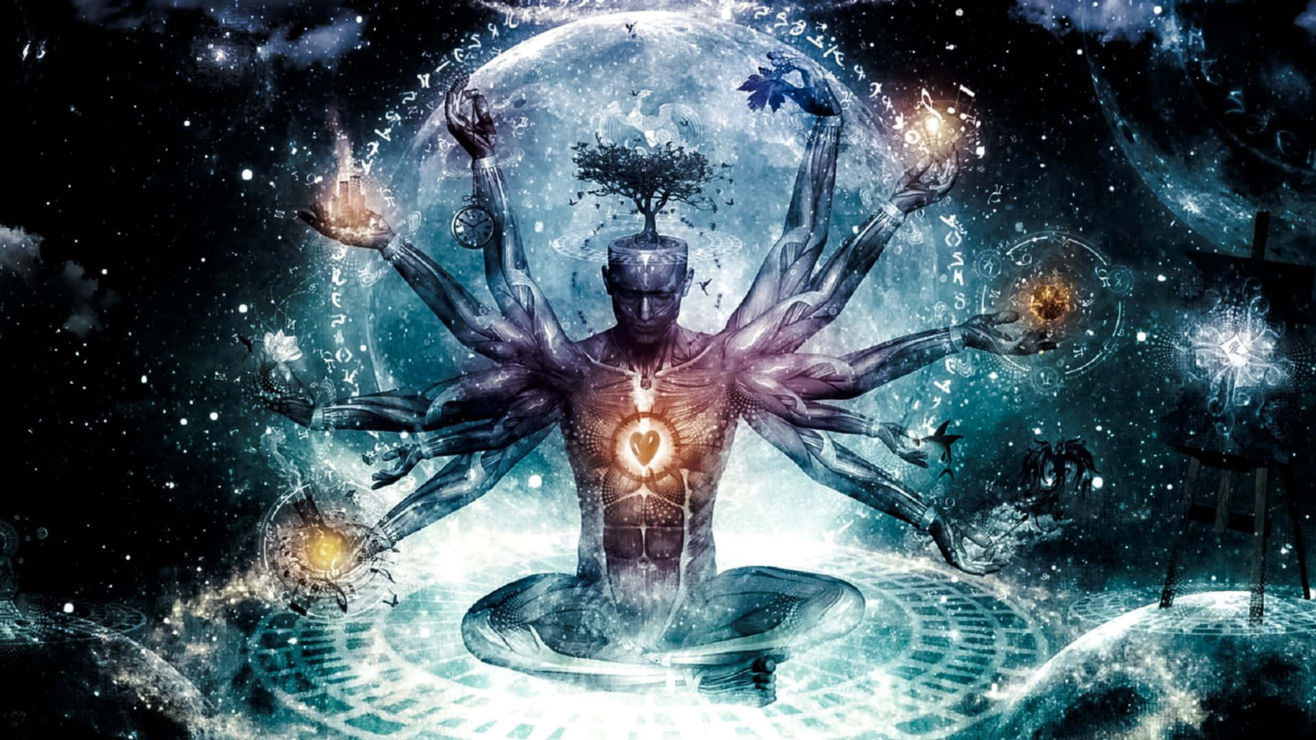 spirituality, cosmic figure, glowing orb, Full HD Desktop Wallpaper