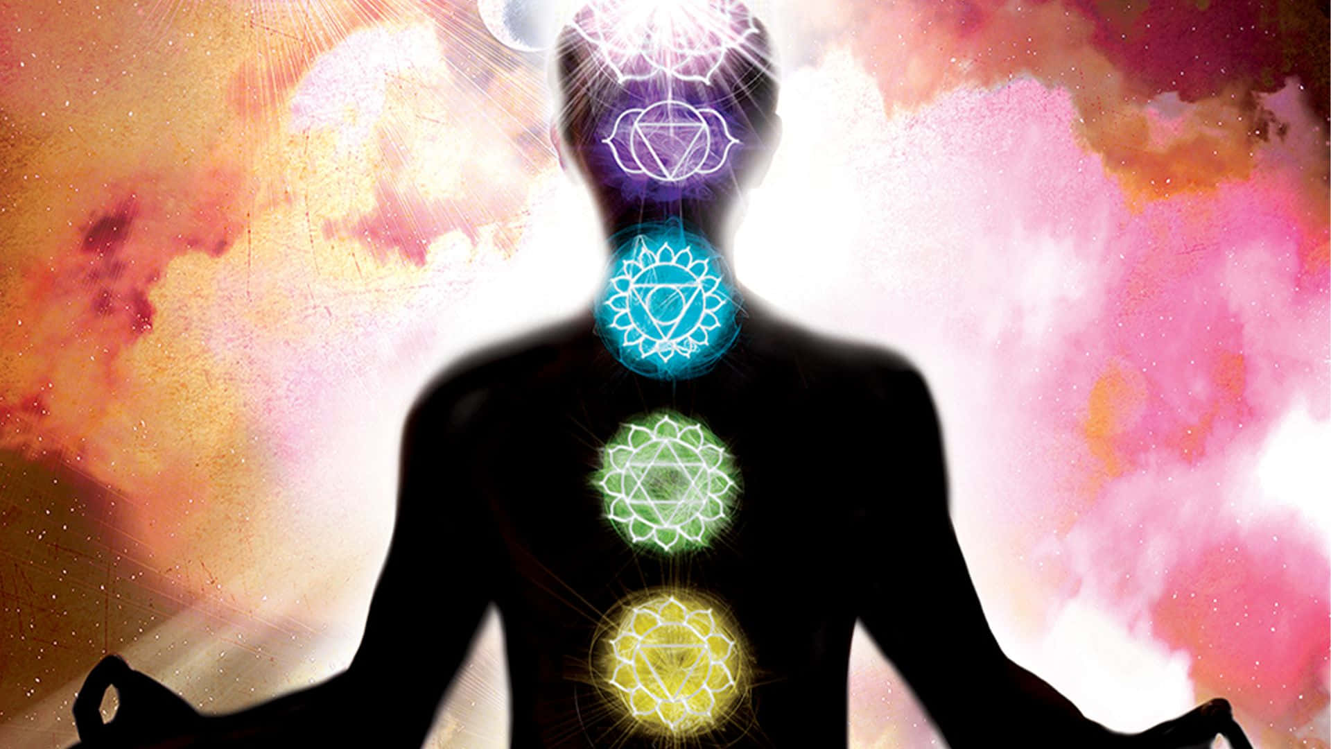 spirituality, meditating person, glowing chakras, Full HD Desktop Wallpaper