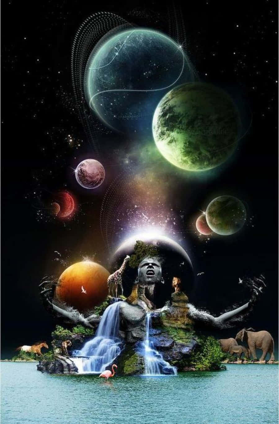 spirituality, cosmic statue, floating island, HD Phone Wallpaper
