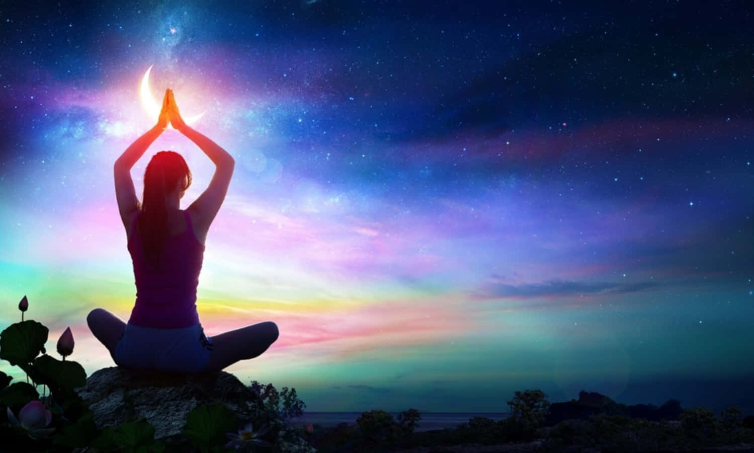 lotus pose, rock, vibrant cosmic sky, HD Desktop Wallpaper