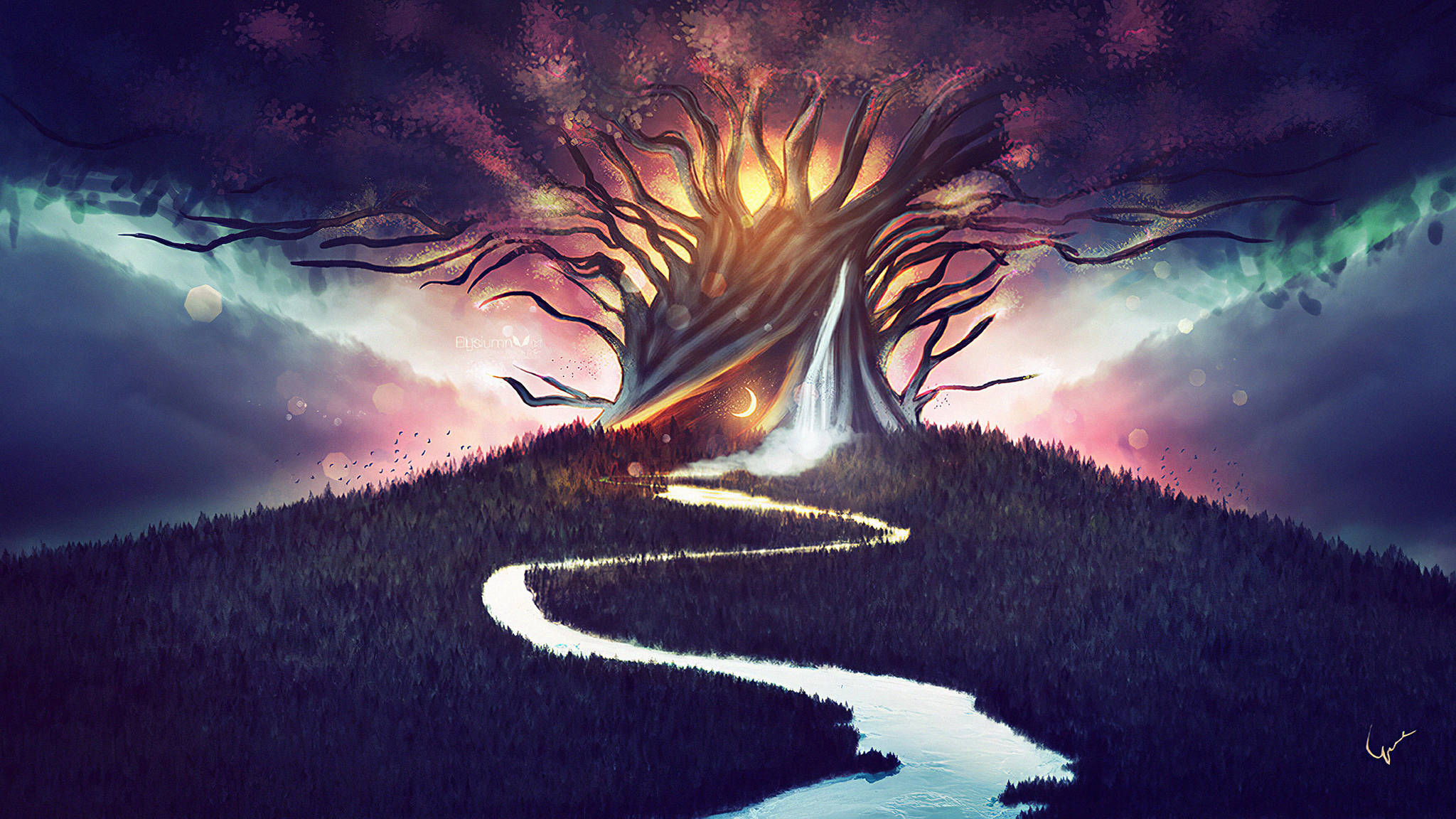 prayer tree, glowing mystical tree, waterfall cascading from its trunk, Full HD Desktop Wallpaper