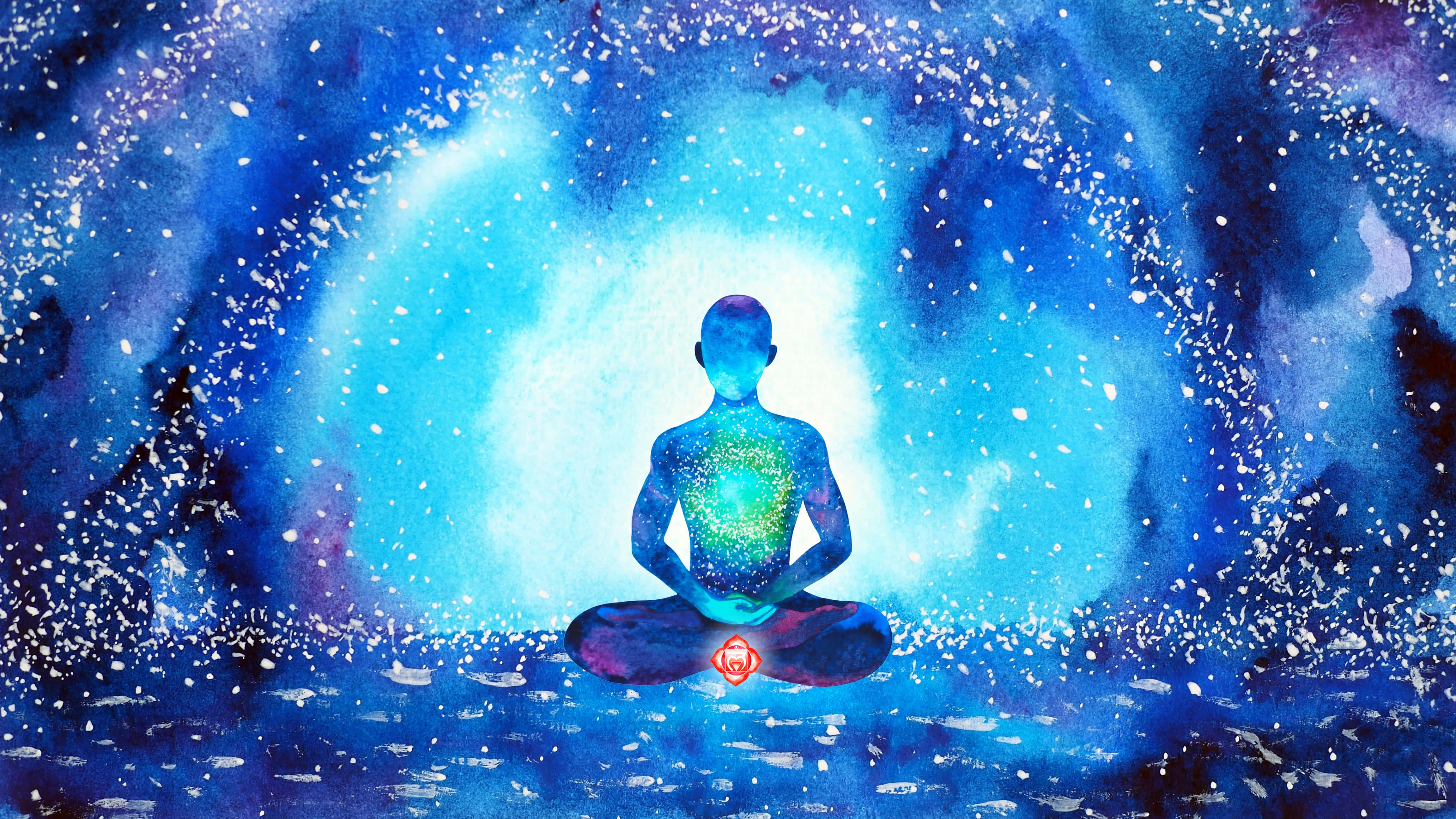spiritual awakening, meditation in the universe, glowing human silhouette, 4K Desktop Wallpaper