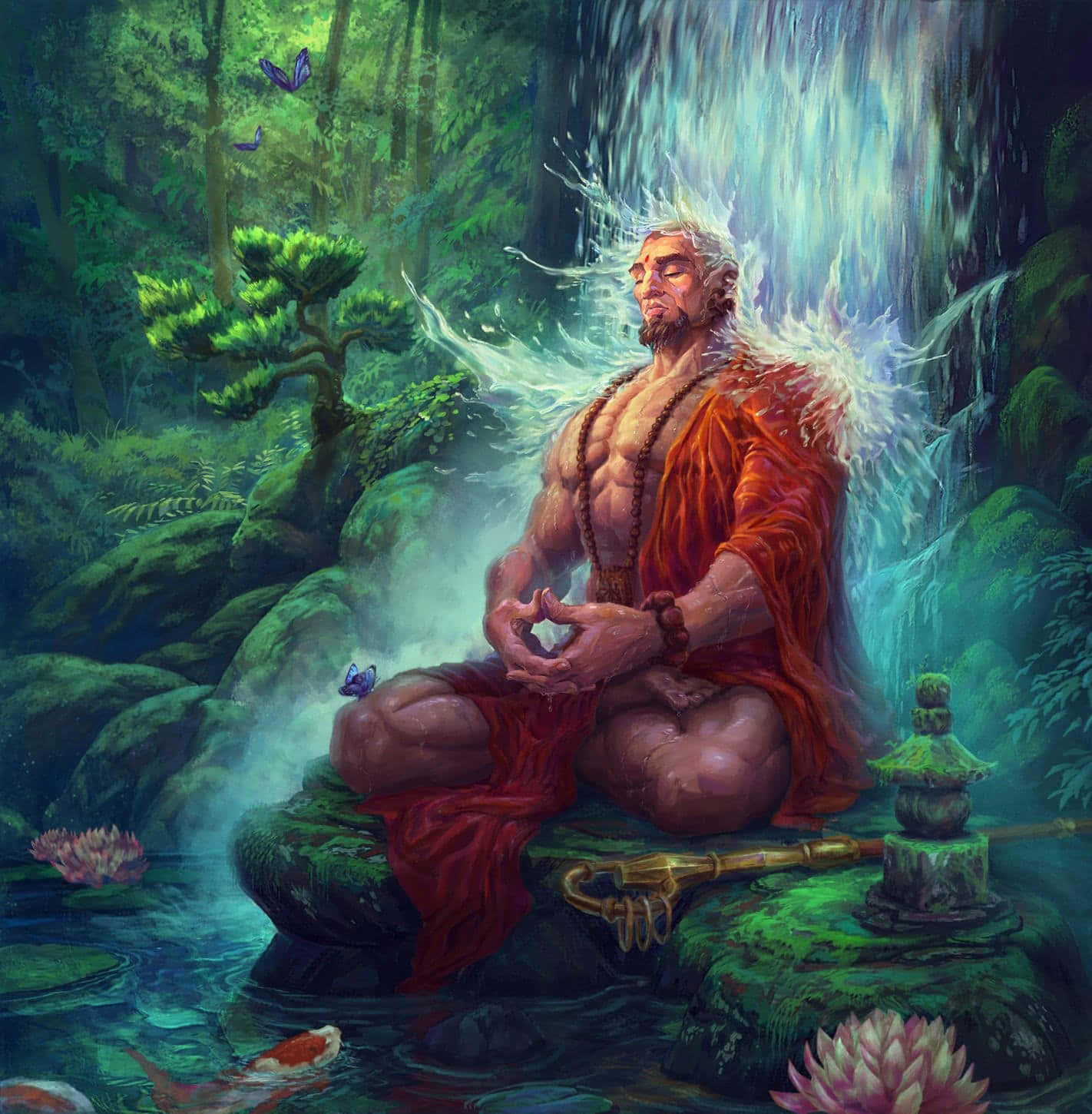 muscular monk, red robes, waterfall, HD Phone Wallpaper