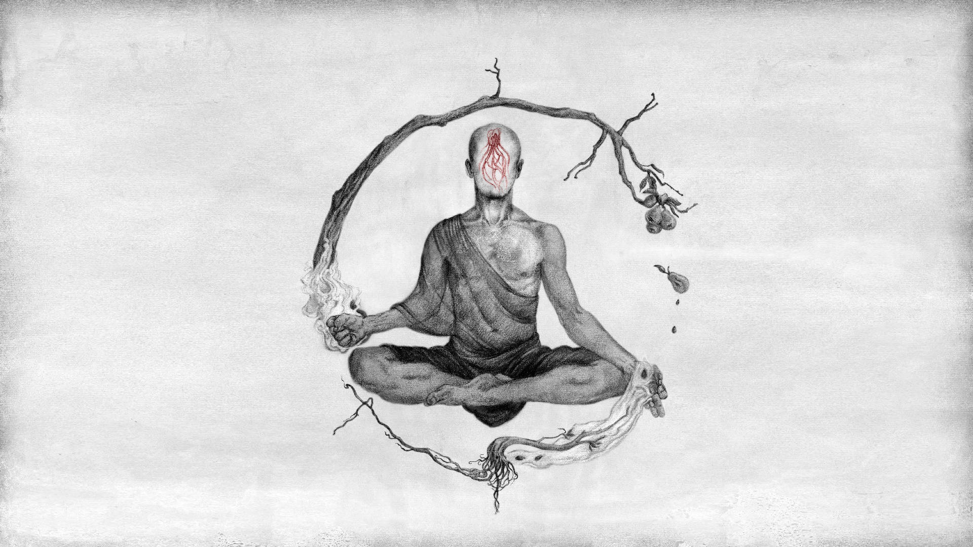 meditating monk, lotus pose, gnarled branch, Full HD Desktop Wallpaper