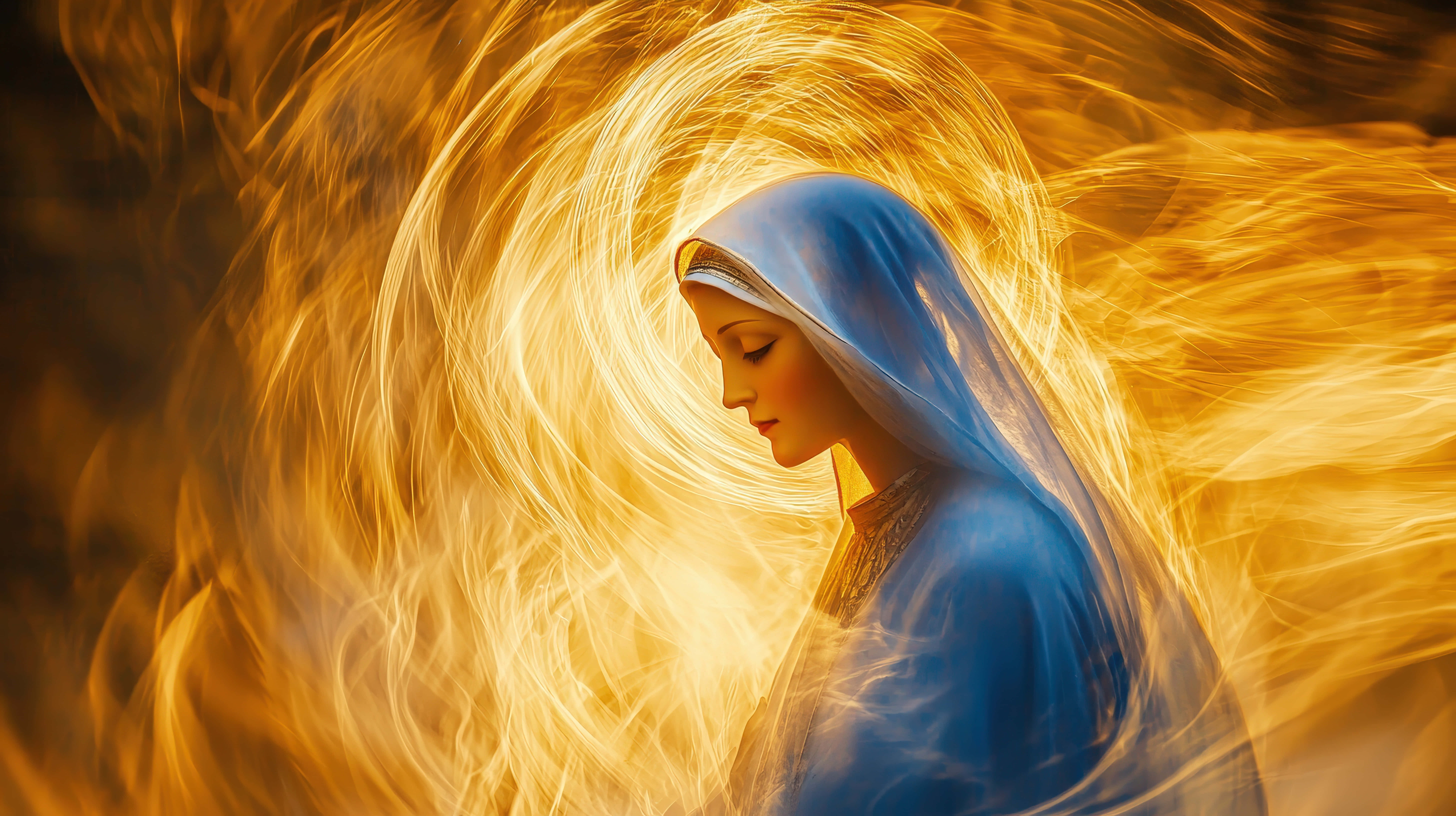 holy woman, blue veil, golden divine light, 8K Desktop Wallpaper