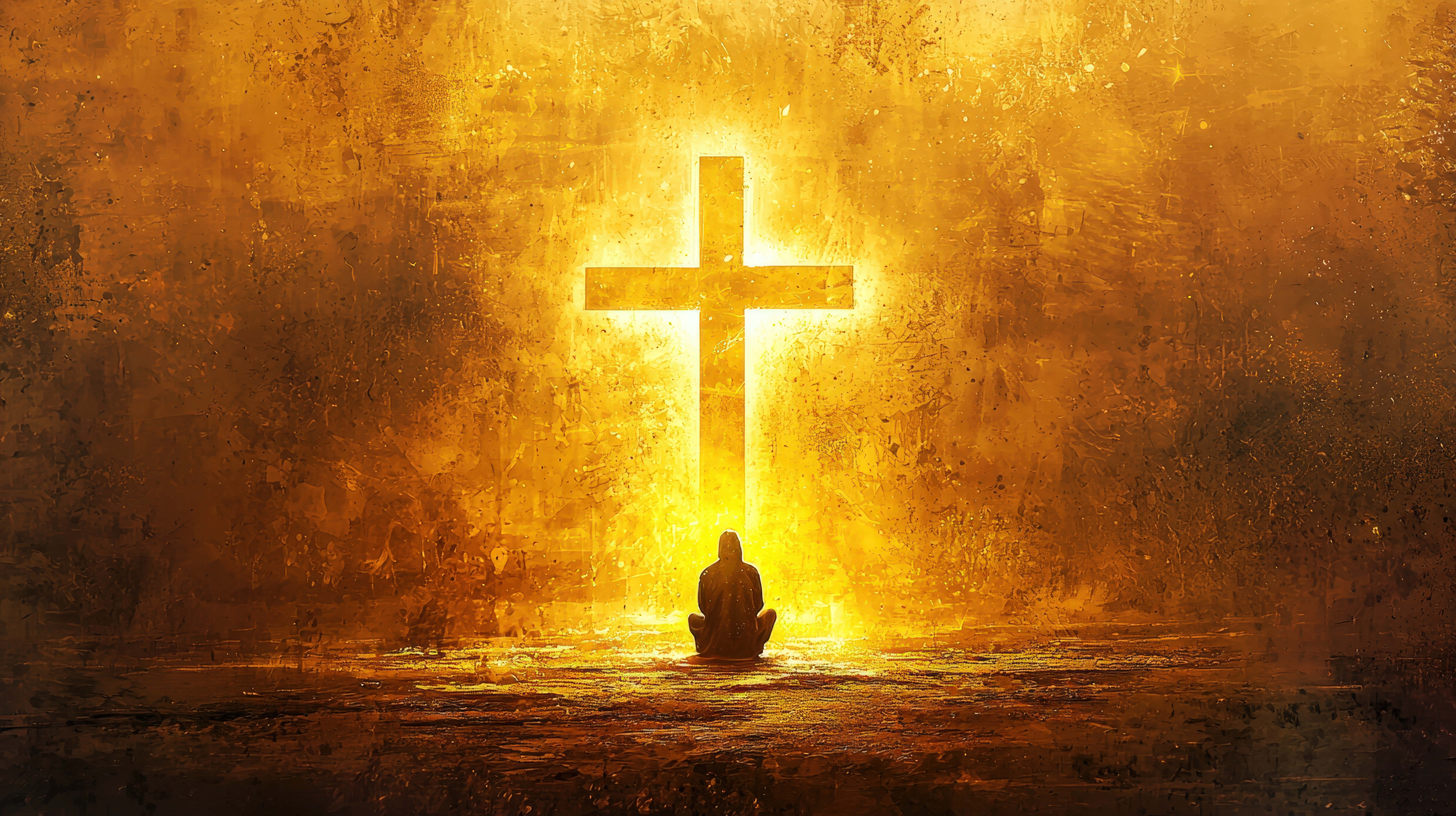 solitary figure, radiant cross, golden light, 8K Desktop Wallpaper