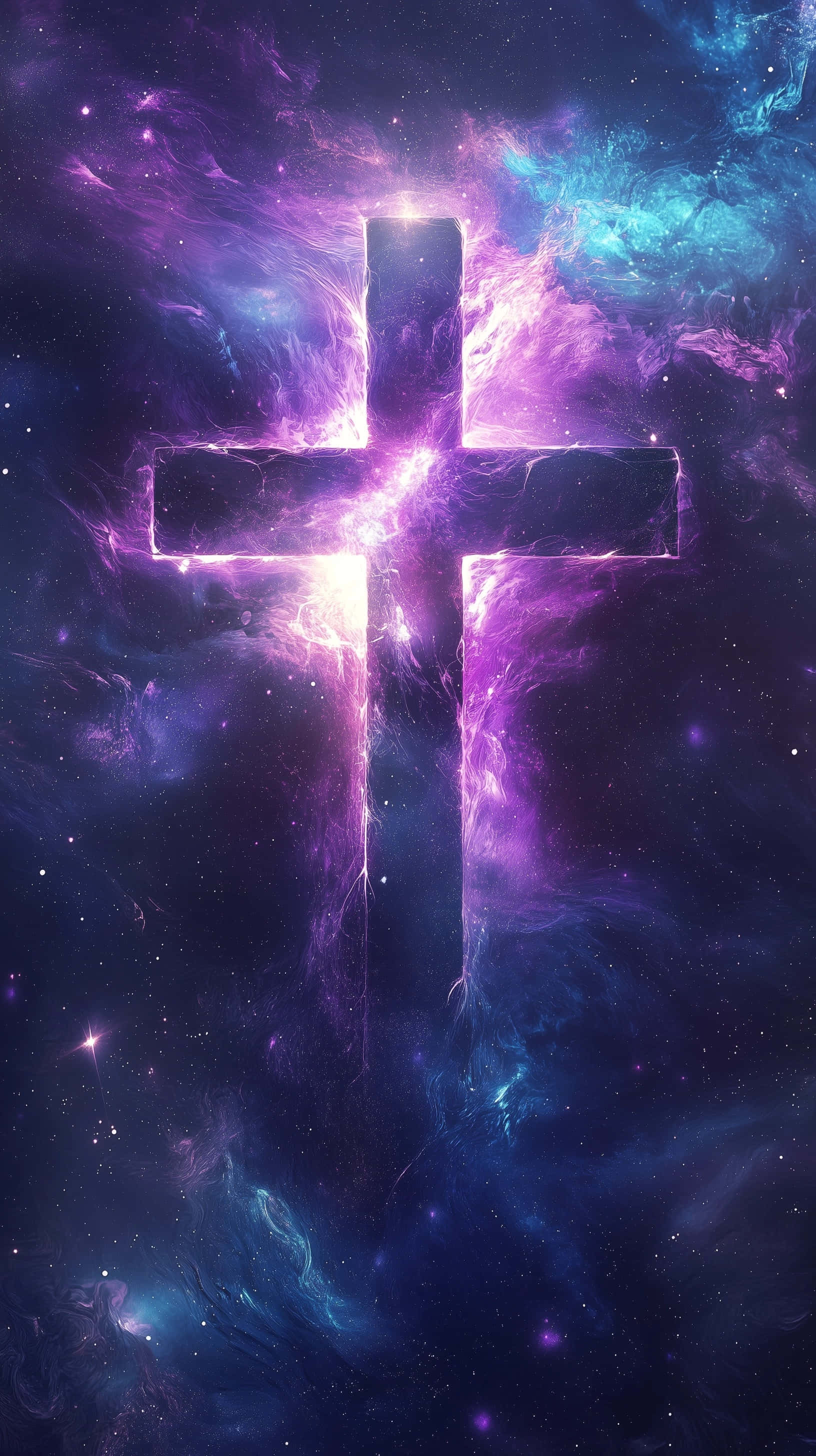 glowing cross, electric purple light, swirling cosmic nebula, 2K Phone Wallpaper