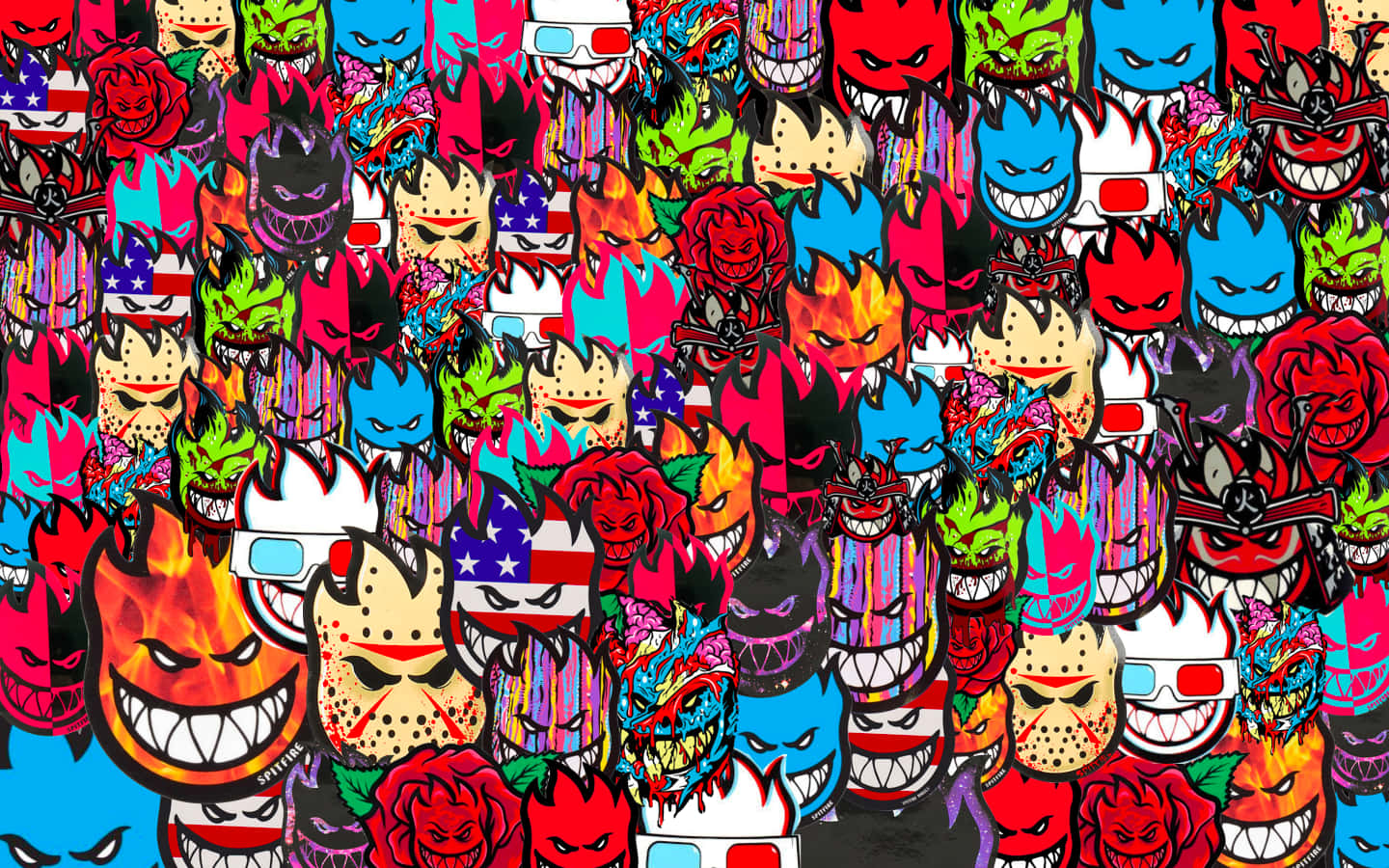 Spitfire Skate, logo collage, cartoonish skulls, HD Desktop Wallpaper