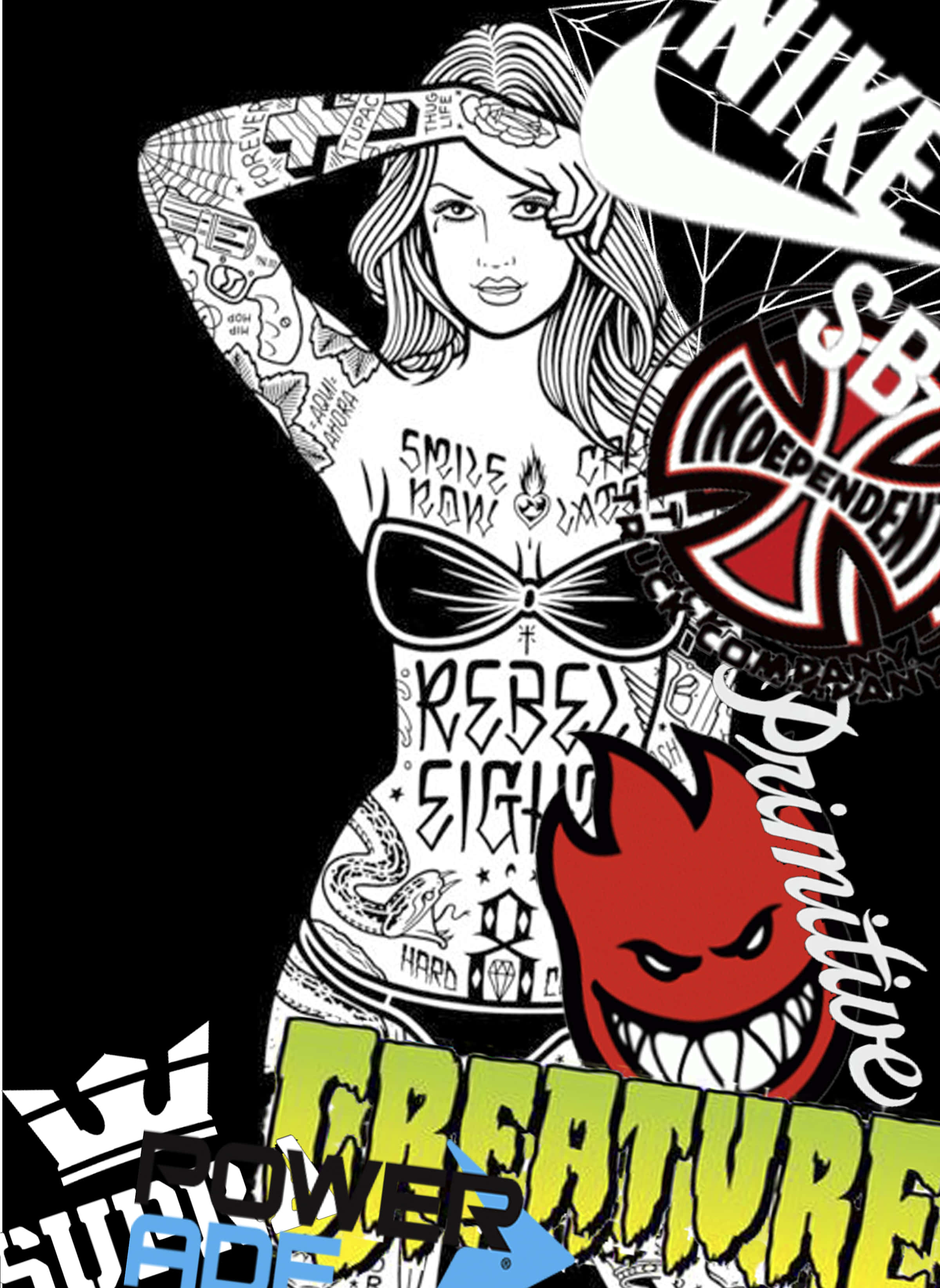 Spitfire Skate, tattooed woman, devil logo, 2K Phone Wallpaper