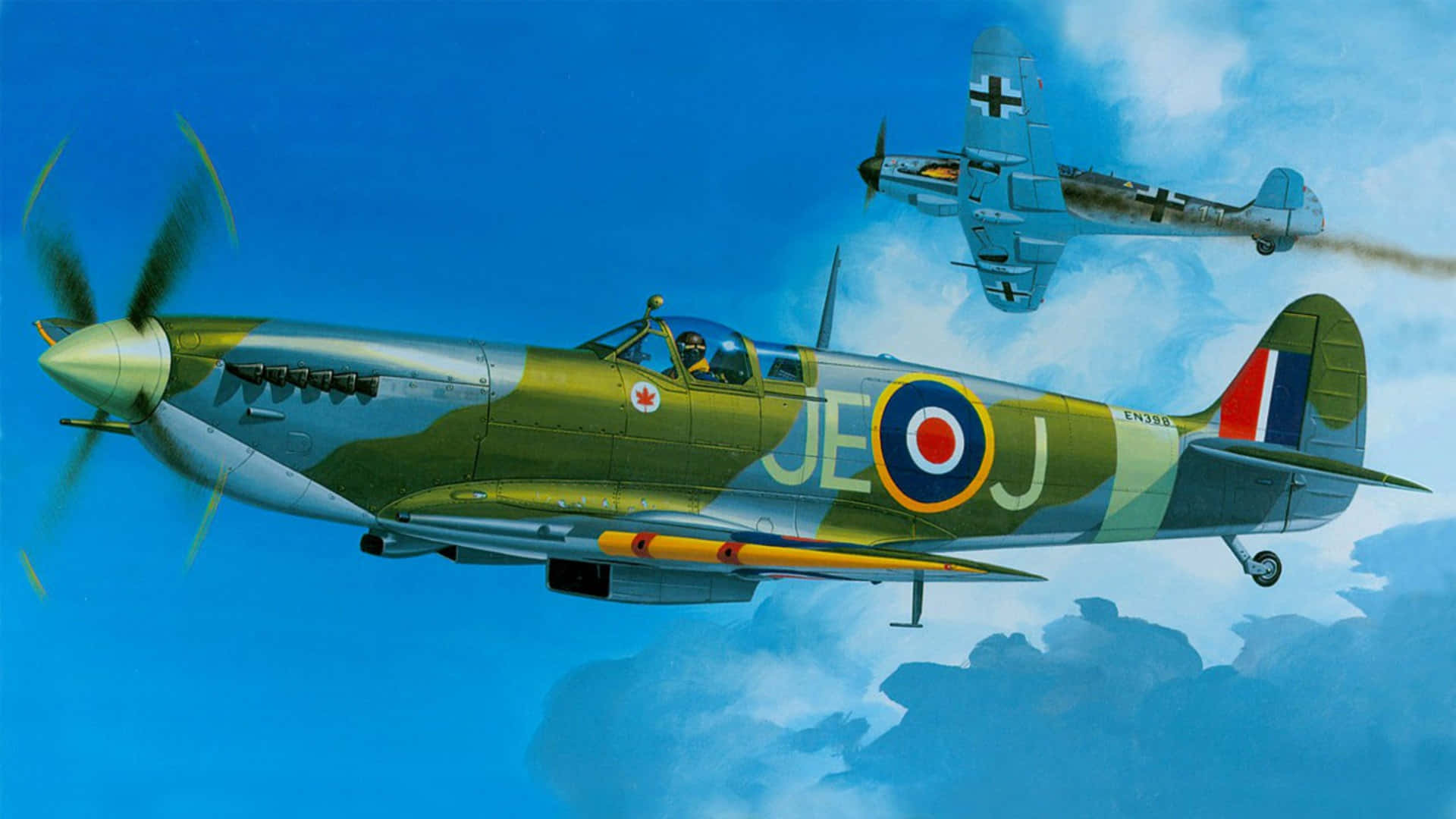 Spitfire, vintage fighter planes, bright blue sky, Full HD Desktop Wallpaper
