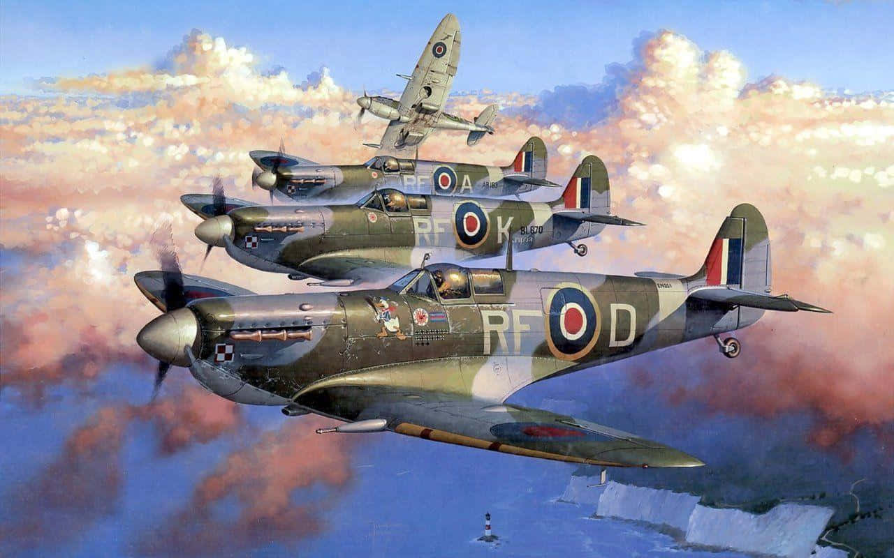 Spitfire, WWII fighter planes, pink and blue clouds, HD Desktop Wallpaper