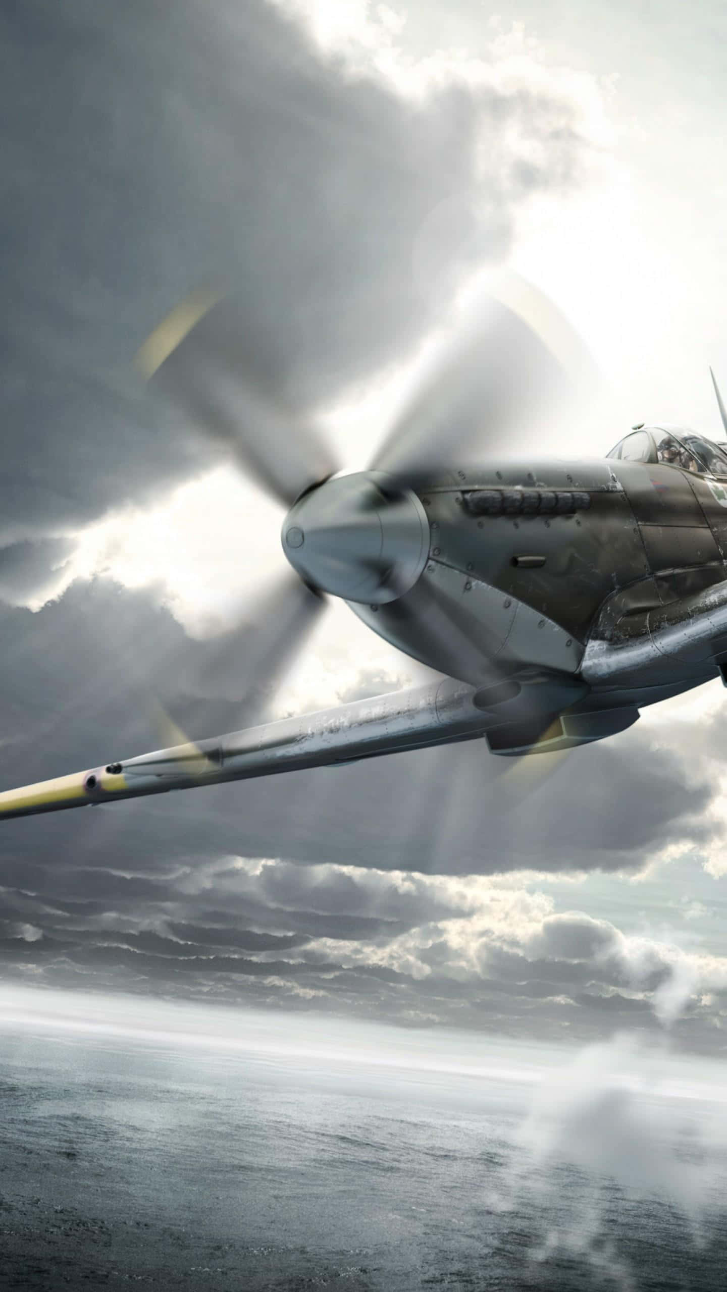 Spitfire, vintage fighter plane, stormy seas, 2K Phone Wallpaper