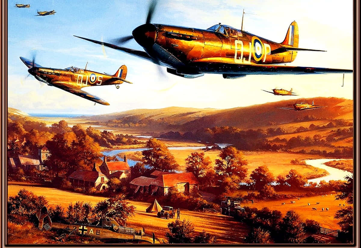 Spitfire, WWII fighter planes, sunlit English countryside, SD Desktop Wallpaper
