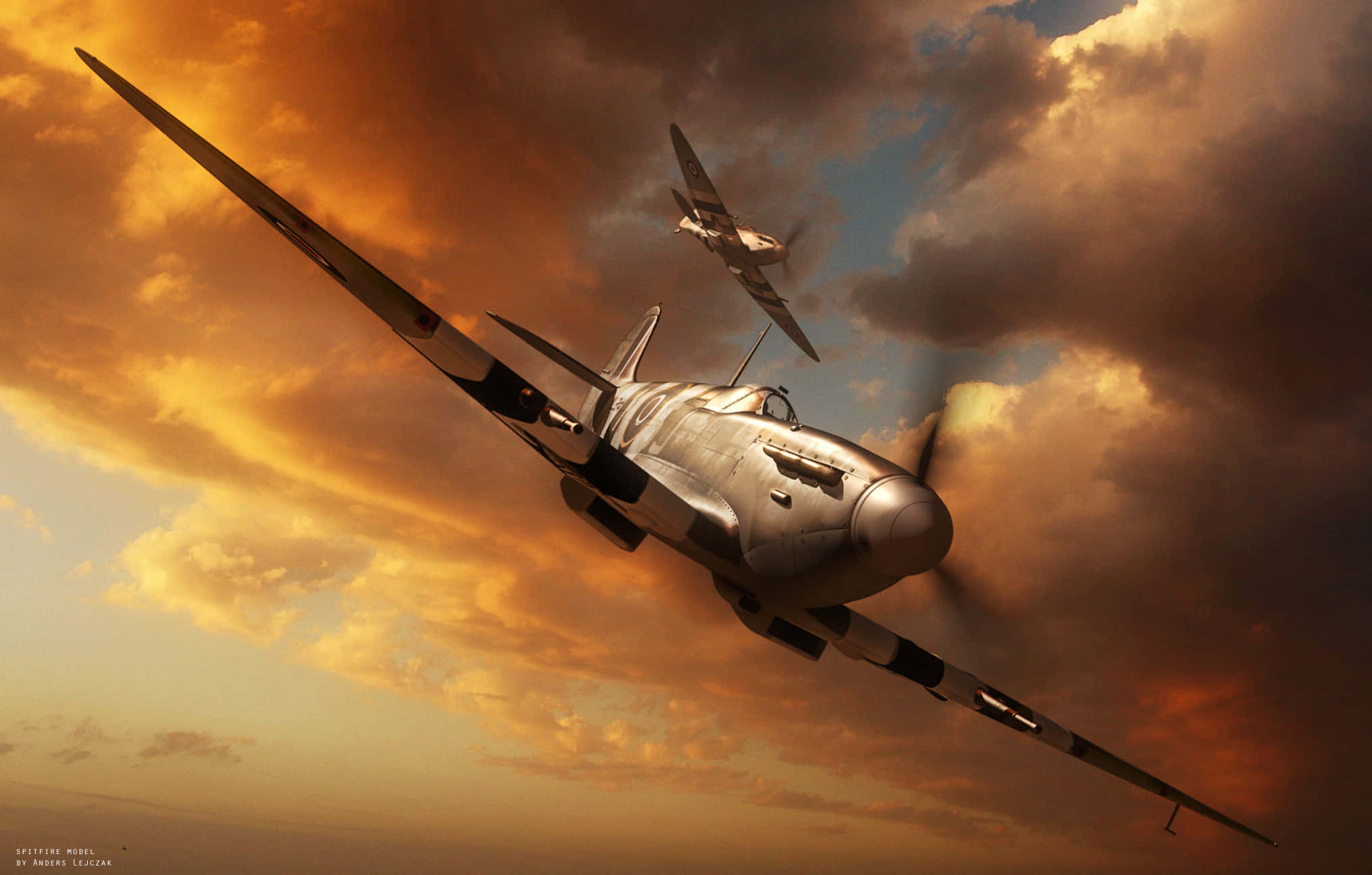 Spitfire, vintage fighter planes, dramatic sunset sky, Full HD Desktop Wallpaper