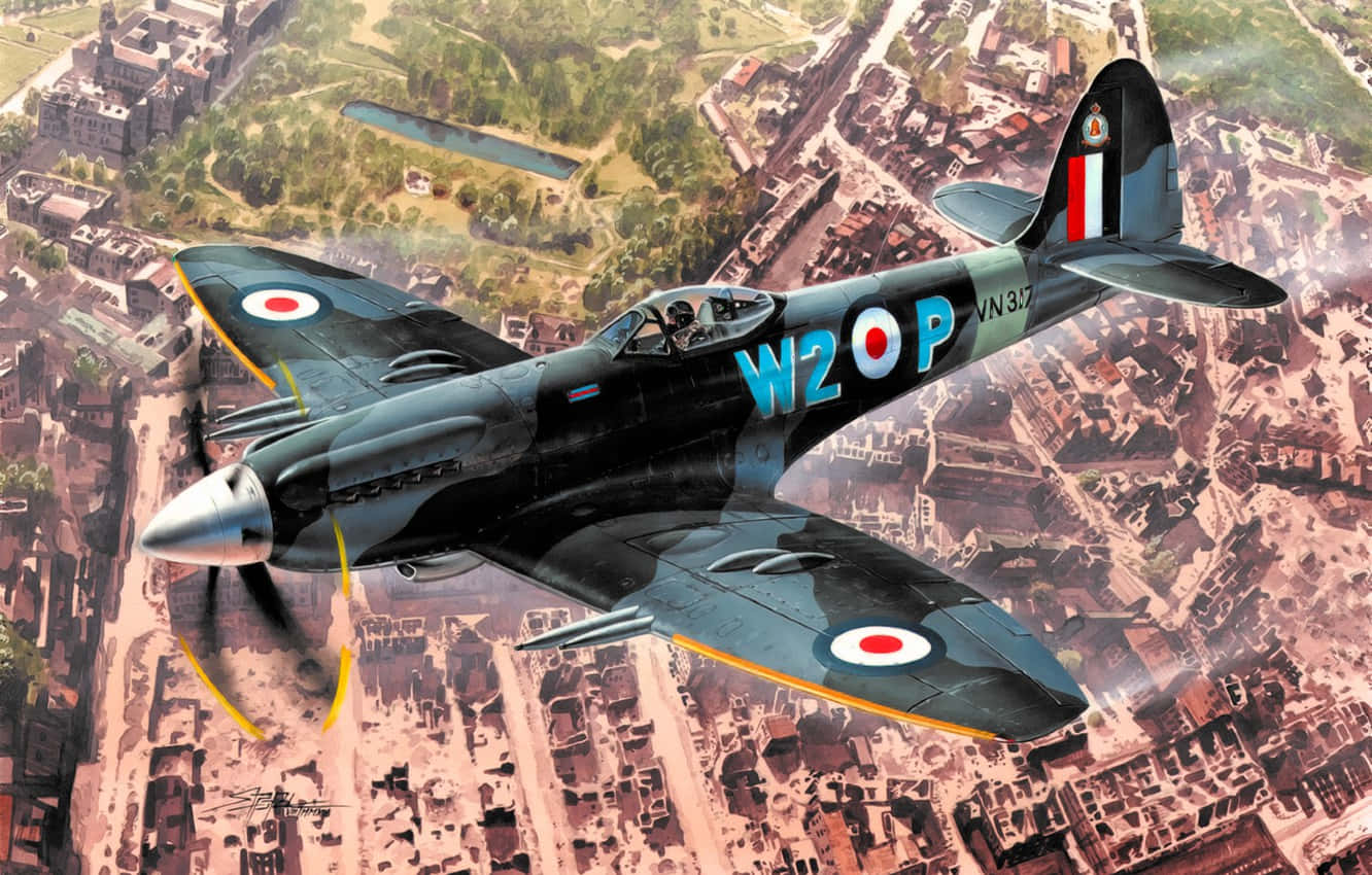 Spitfire, vintage British fighter plane, war-torn European cityscape, HD Desktop Wallpaper