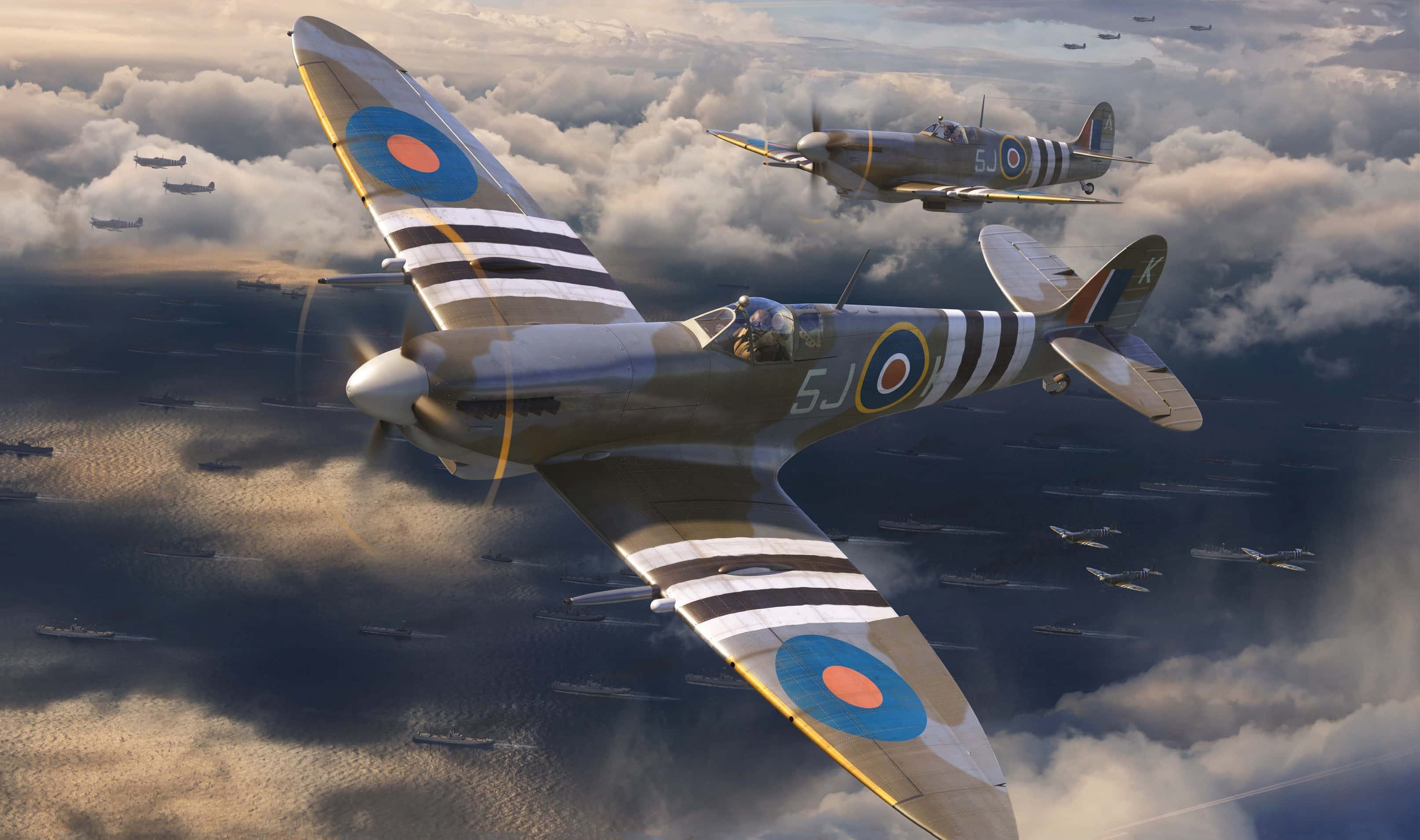 Spitfire, warships, turbulent sea, 2K Desktop Wallpaper
