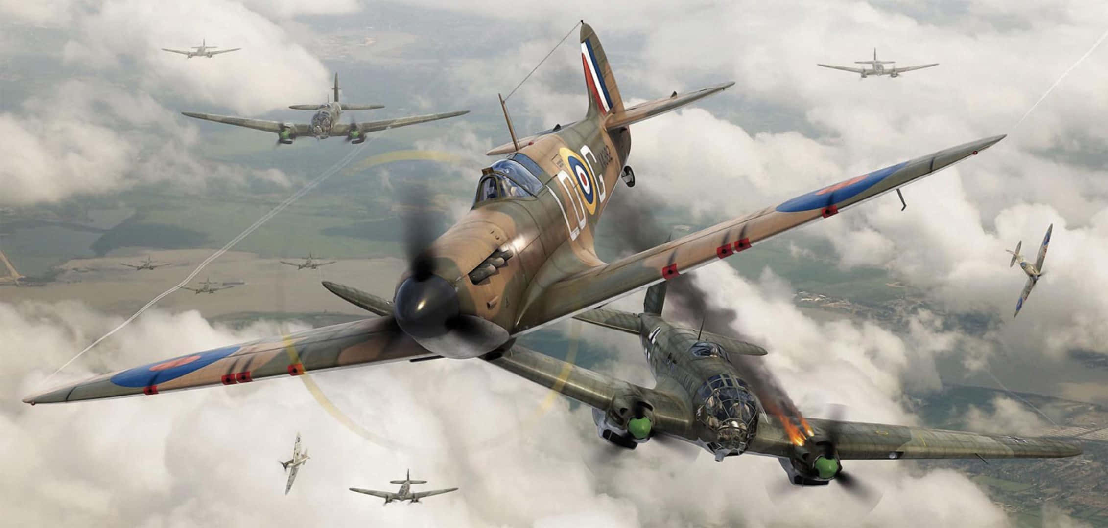 Spitfire, vintage fighter planes, dogfight, Full HD Desktop Wallpaper