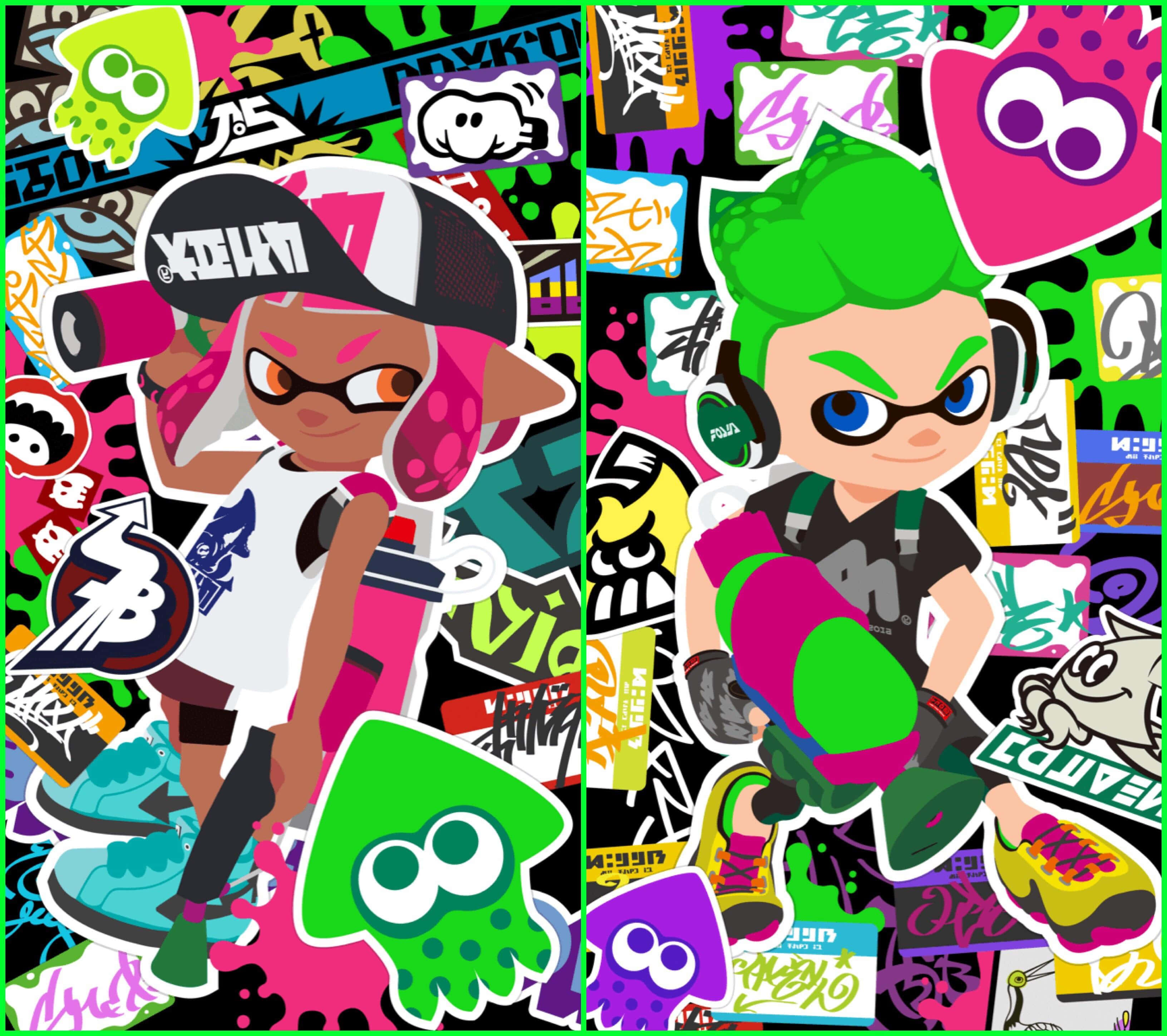 Splatoon 2, vibrant Splatoon characters, colorful stickers, 2K Desktop Wallpaper