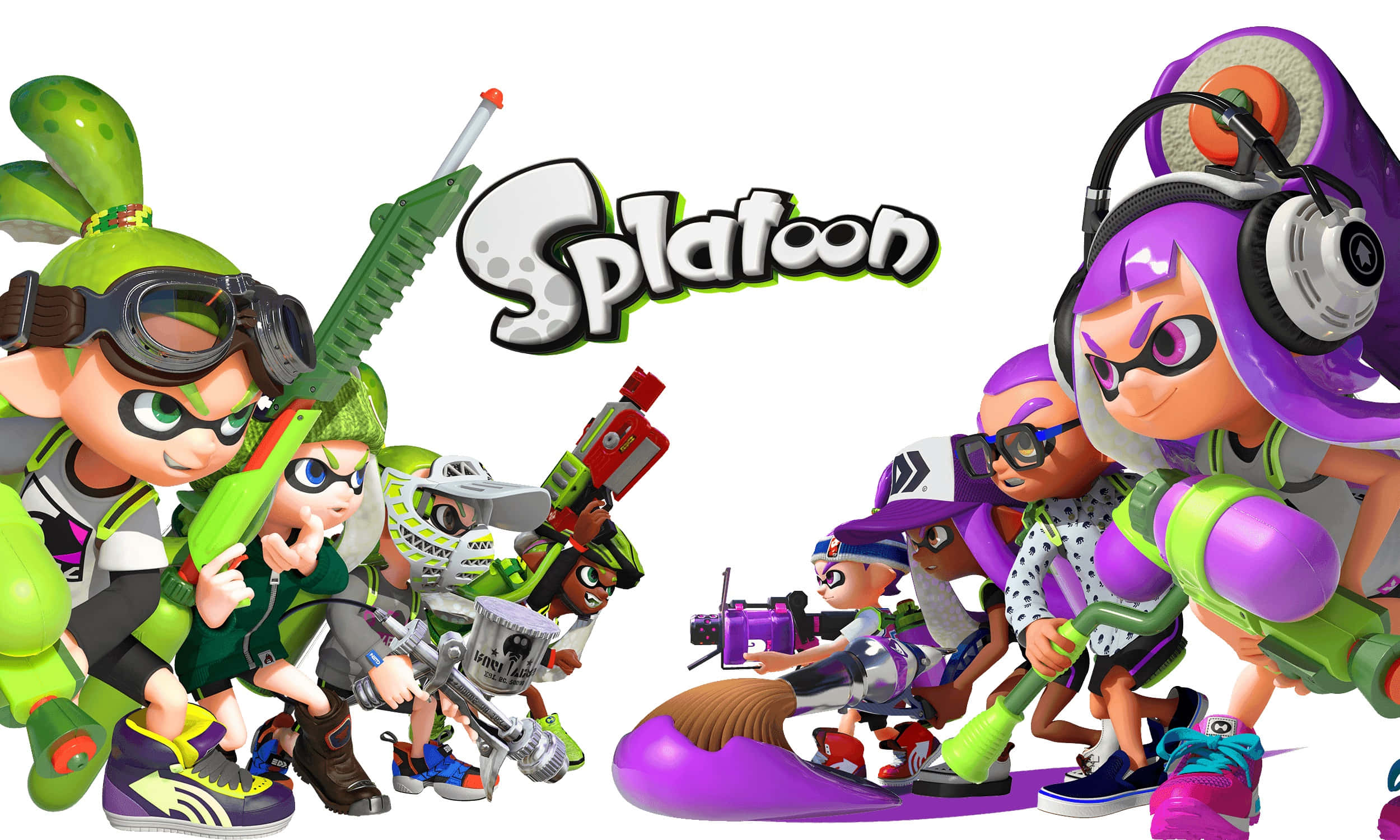 Splatoon 2, green and purple gear, ink blasters, Full HD Desktop Wallpaper