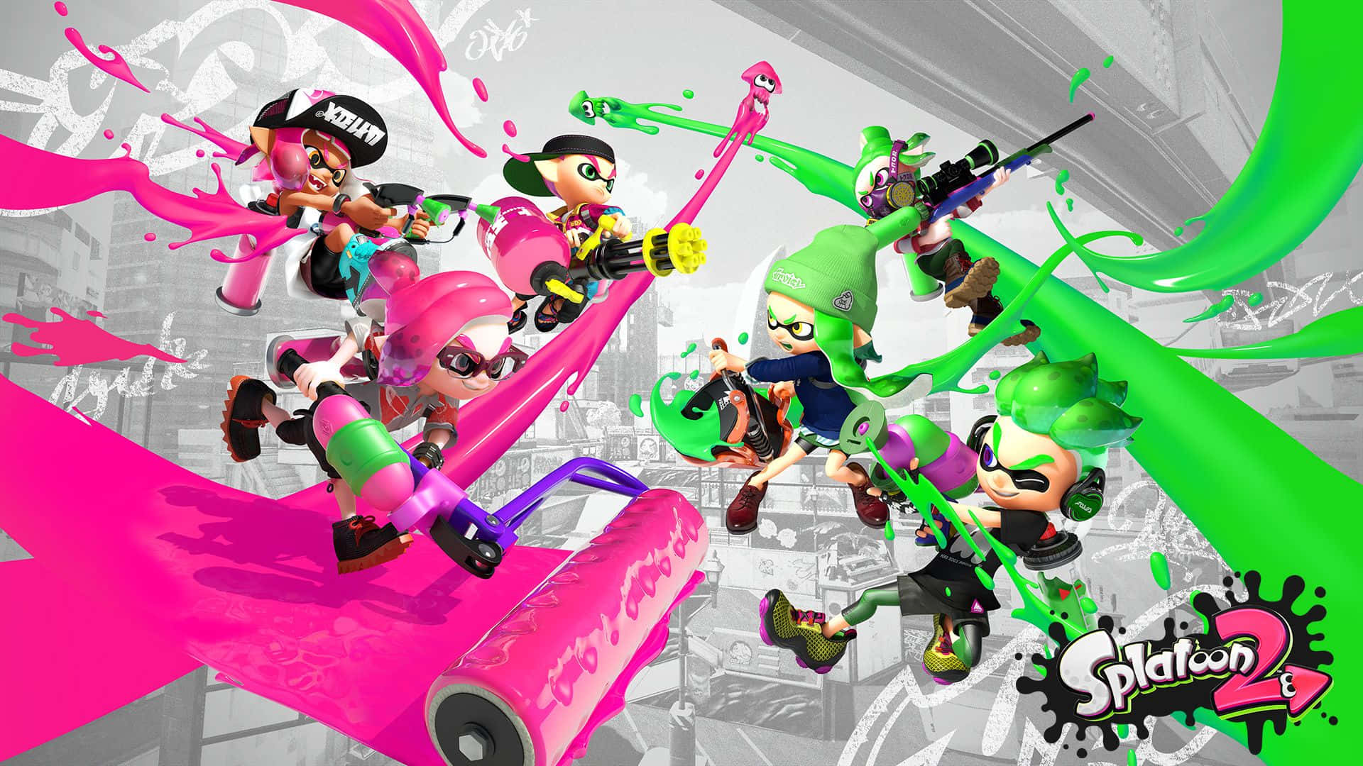 Splatoon 2, pink, green, Full HD Desktop Wallpaper
