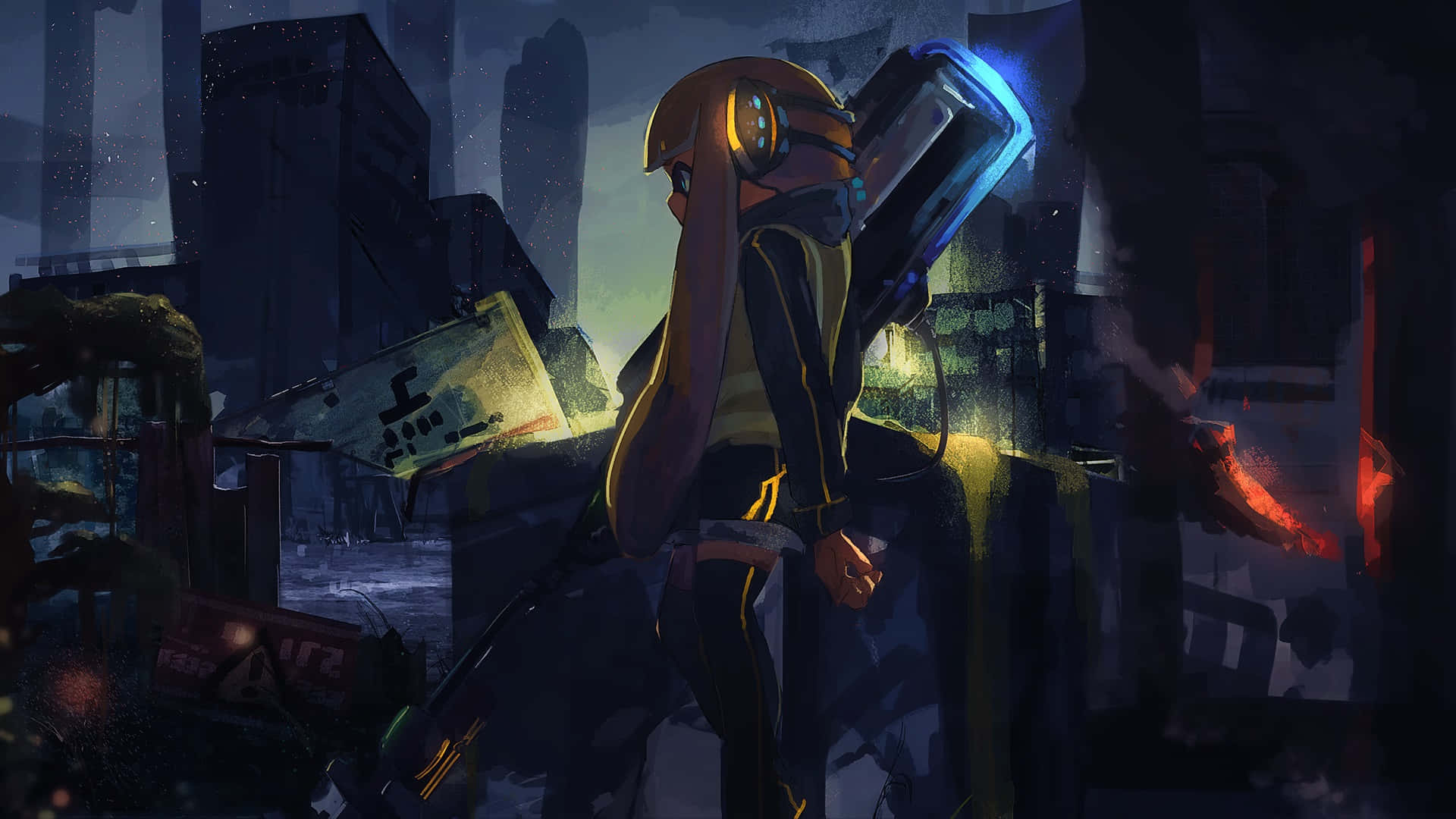Splatoon 2, glowing blue weapon, dark urban ruin, Full HD Desktop Wallpaper