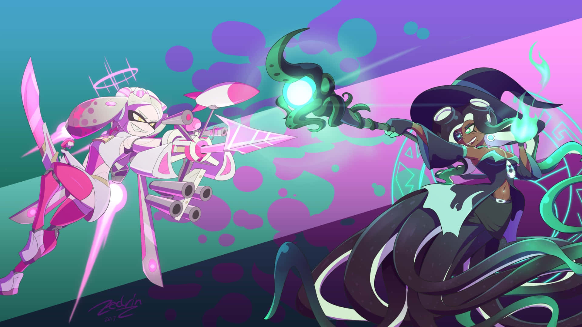 Splatoon 2, glowing weapons, psychedelic purple and teal background, Full HD Desktop Wallpaper