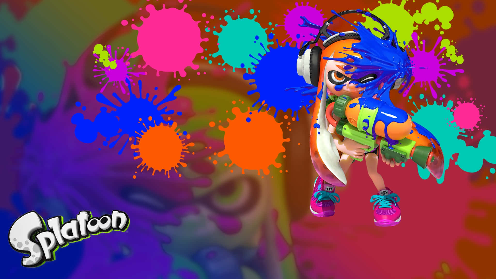 Splatoon 2, vibrant Splatoon character, colorful ink splatters, Full HD Desktop Wallpaper