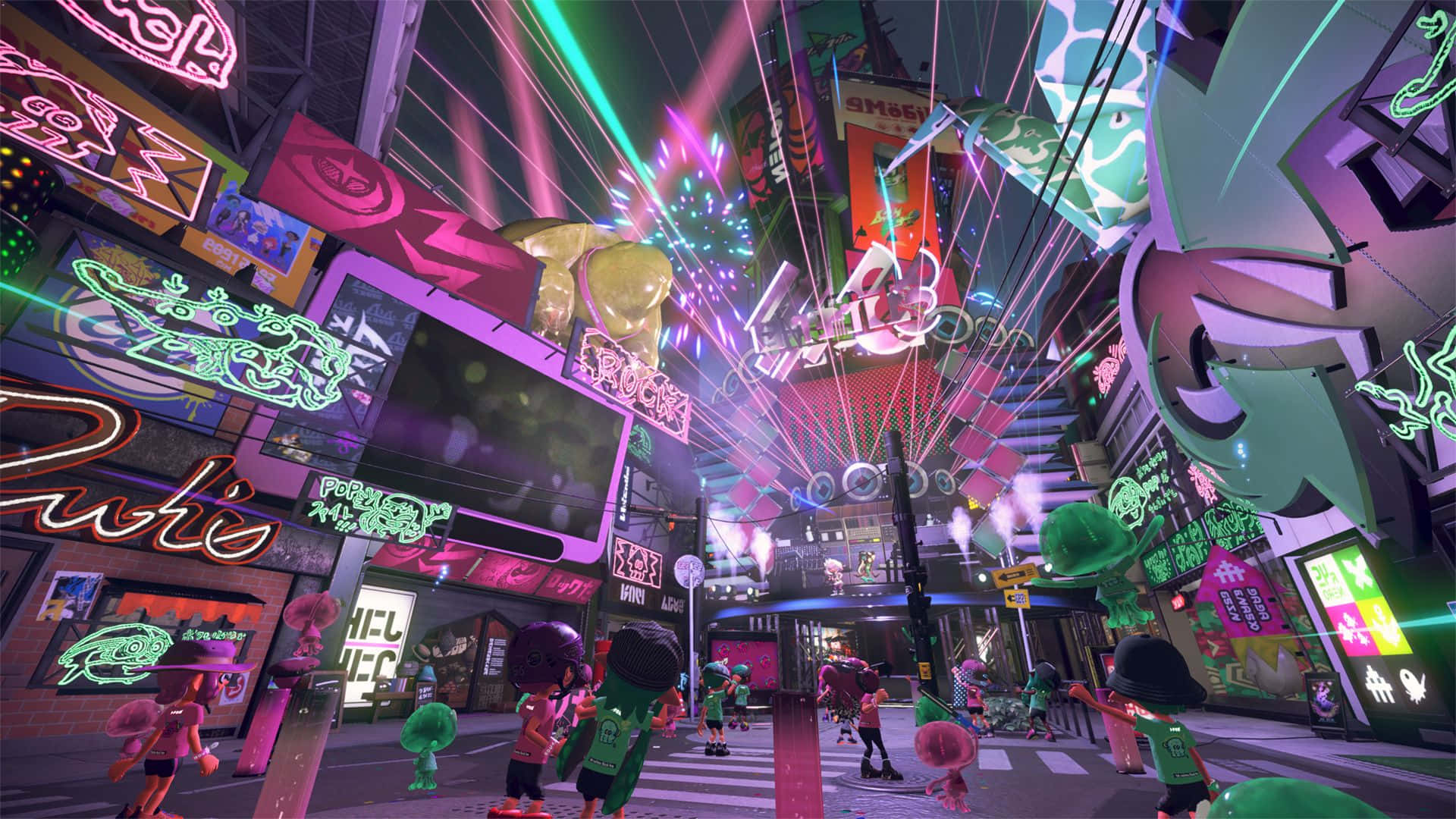 Splatoon 2, neon-lit street, colorful graffiti, Full HD Desktop Wallpaper