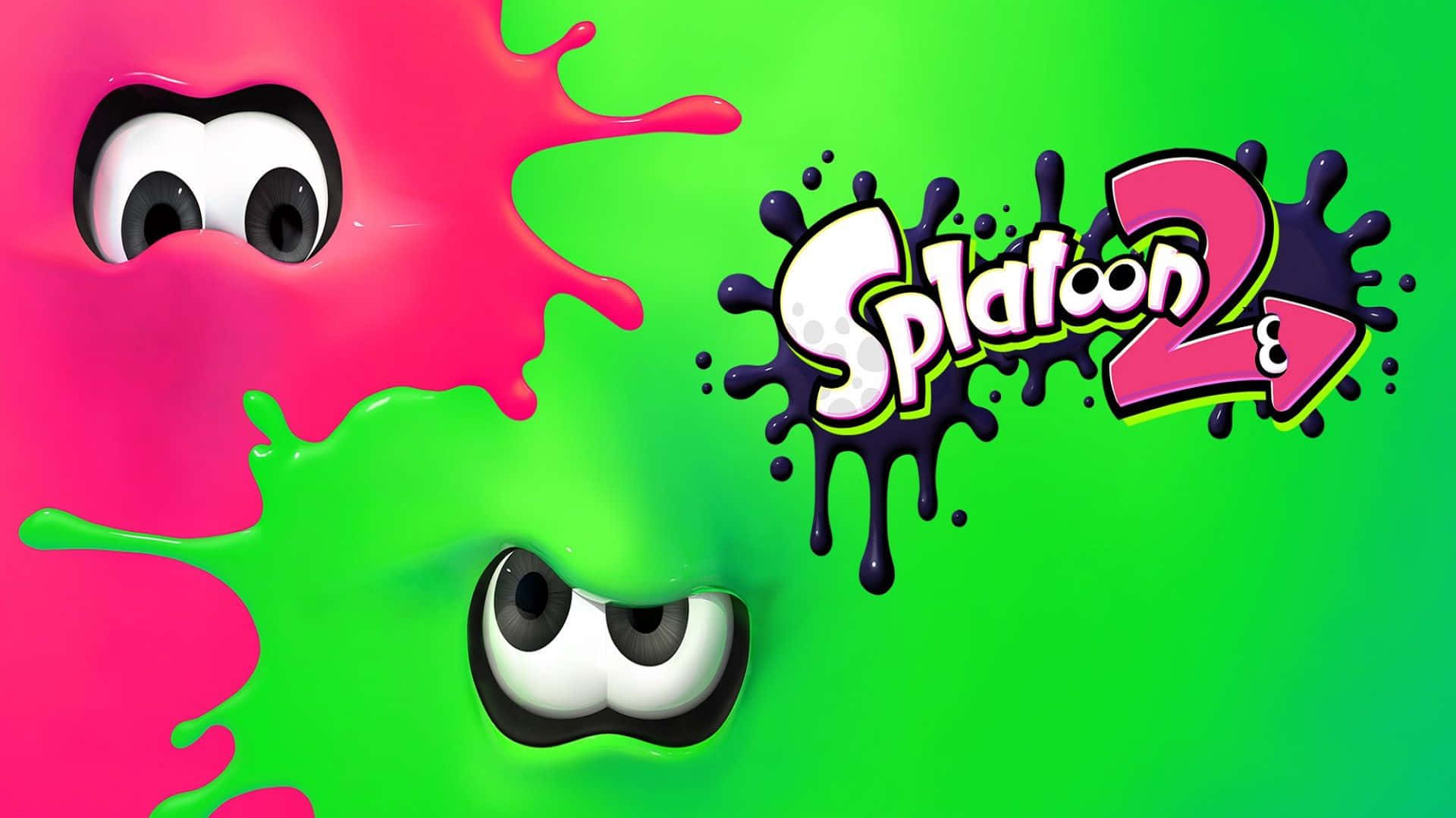 Splatoon 2, pink and green ink splats, cartoon eyes, Full HD Desktop Wallpaper