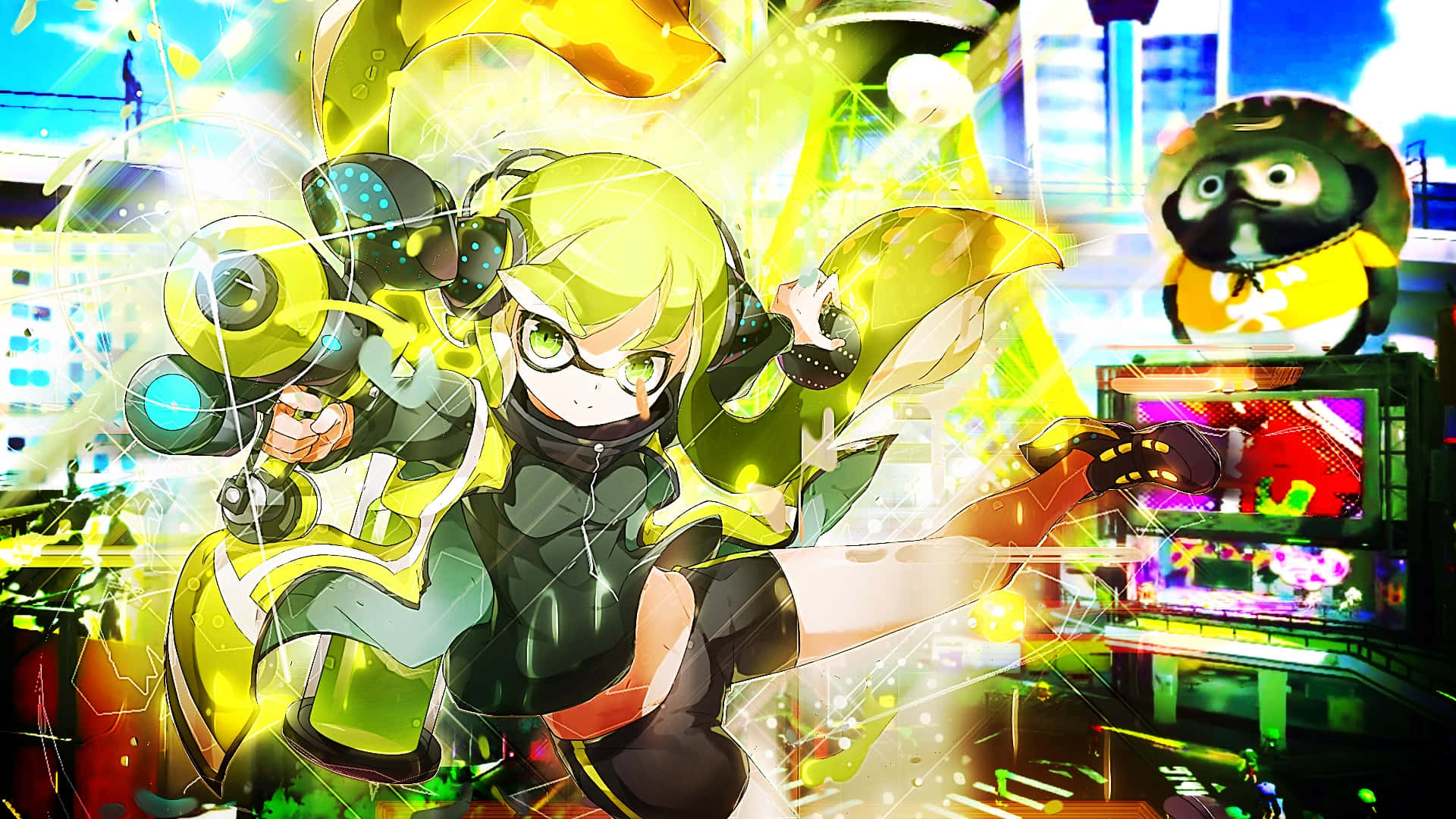 Splatoon 2, neon city, paint cannon, Full HD Desktop Wallpaper