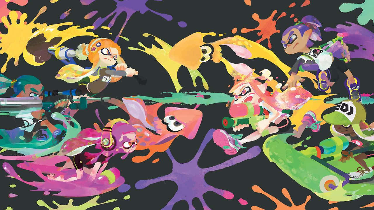 Splatoon 2, colorful ink splatters, dark background, HD Desktop Wallpaper