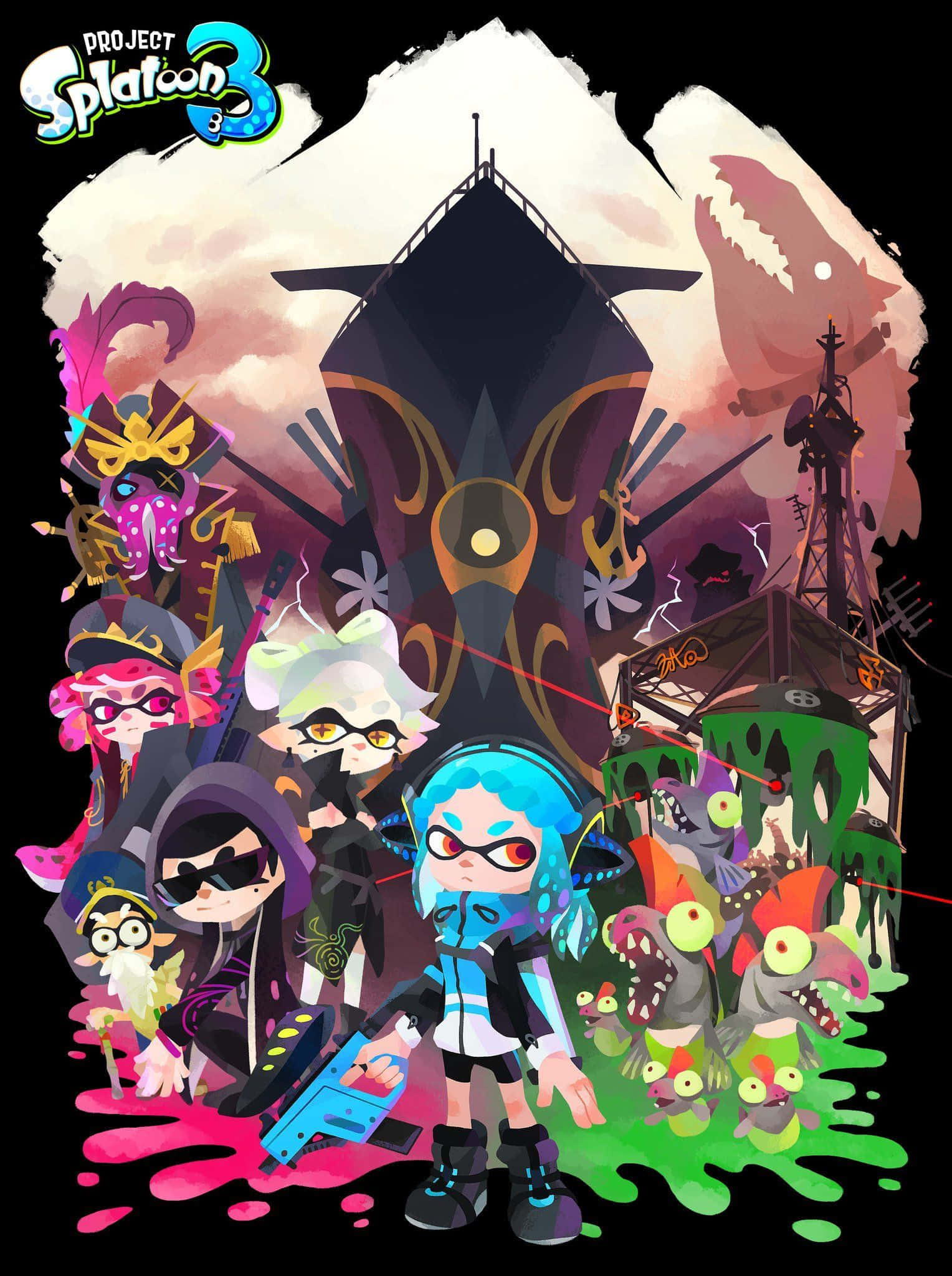 Splatoon 3, anime-style characters, giant squid ship, Full HD Phone Wallpaper