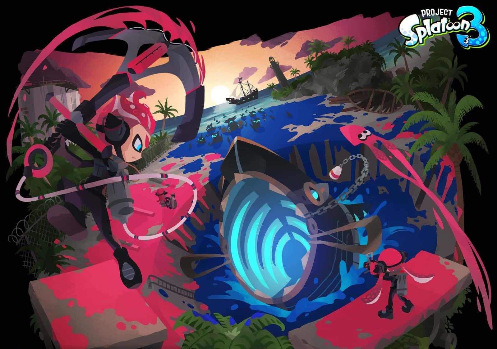 Splatoon 3, pink squid character, giant ink weapon, HD Desktop Wallpaper