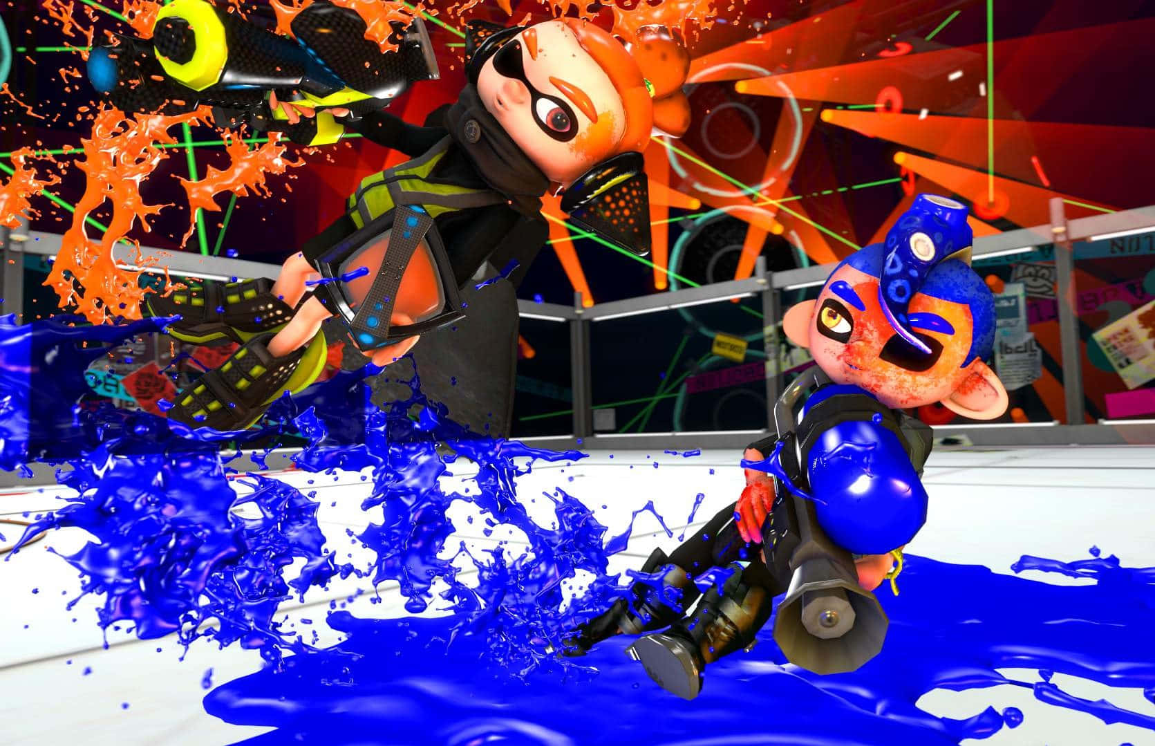 Splatoon 3, vibrant orange, blue ink splashes, HD Desktop Wallpaper