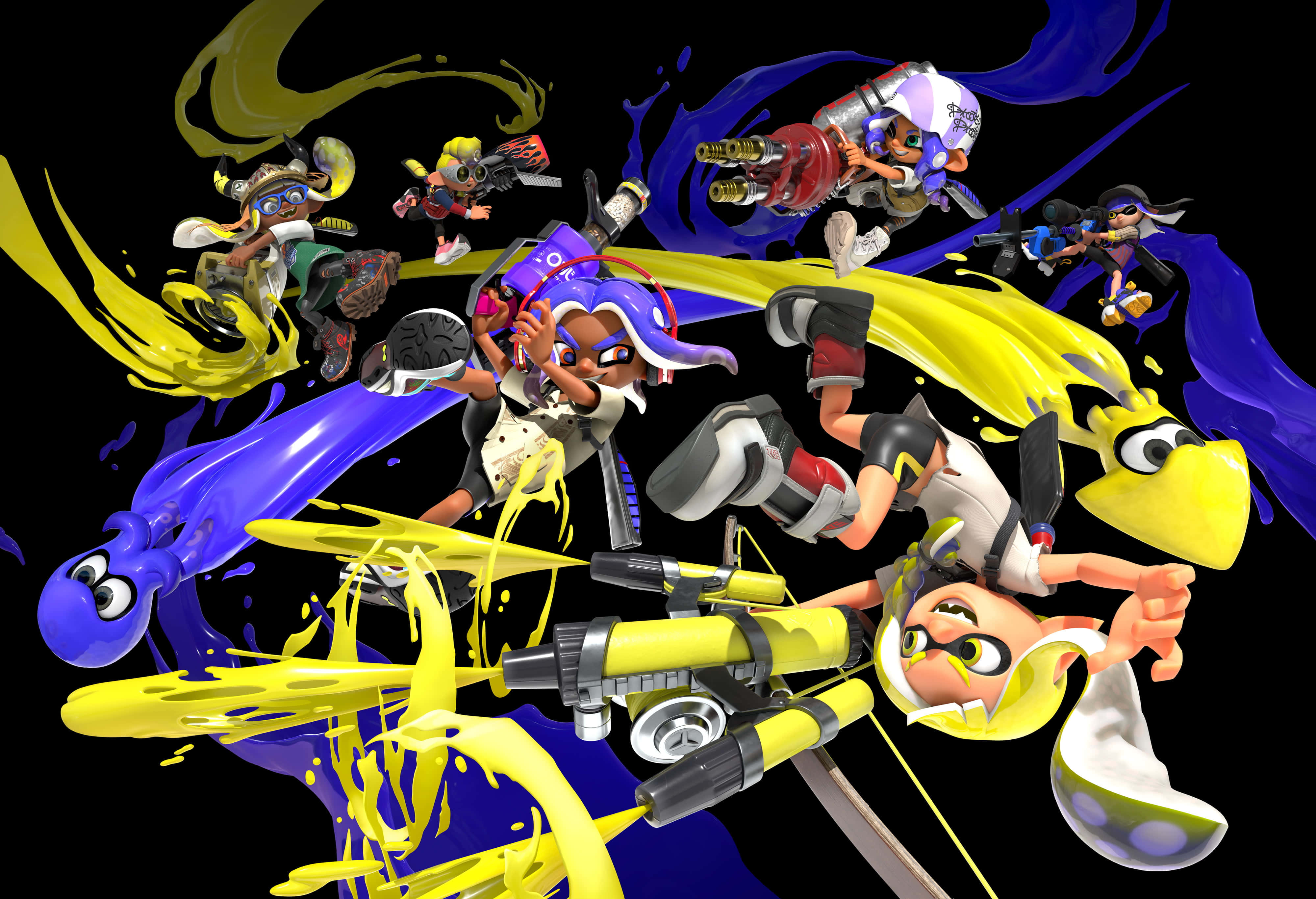 Splatoon 3, vibrant yellow, blue ink, 4K Desktop Wallpaper
