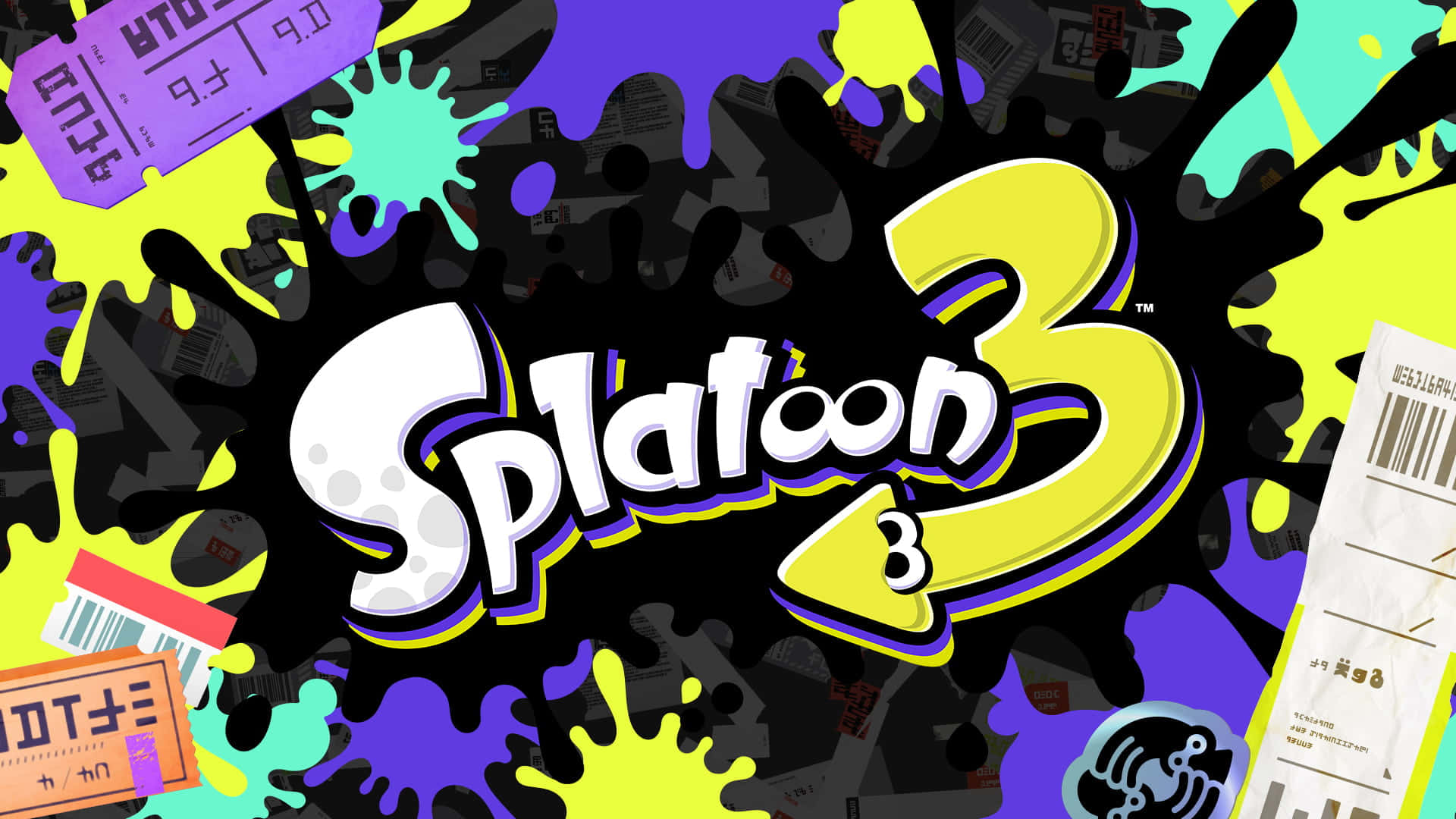 Splatoon 3, colorful ink splatters, game tickets, Full HD Desktop Wallpaper
