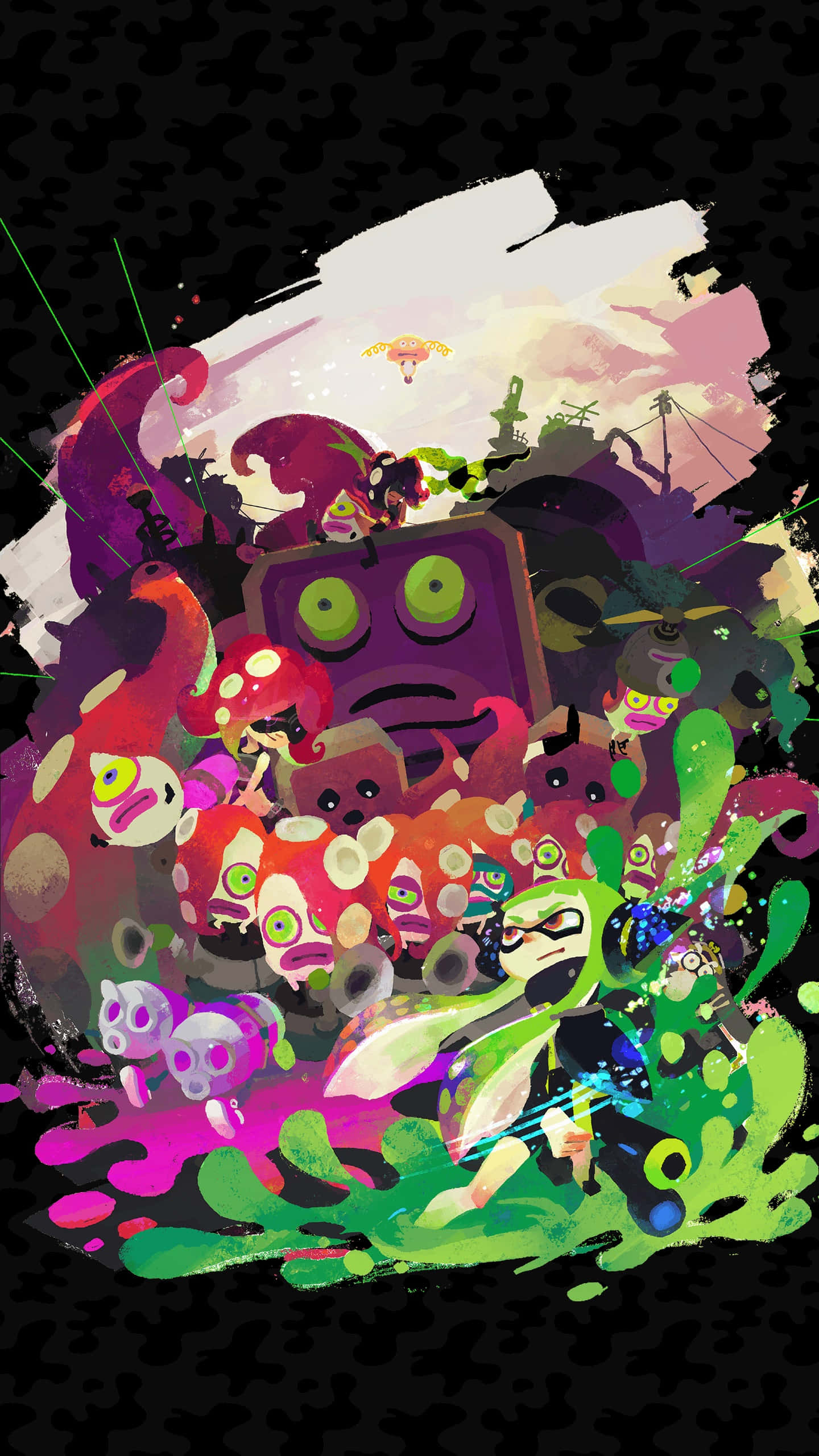 Splatoon 3, battle chaos, vibrant cartoon characters, 2K Phone Wallpaper